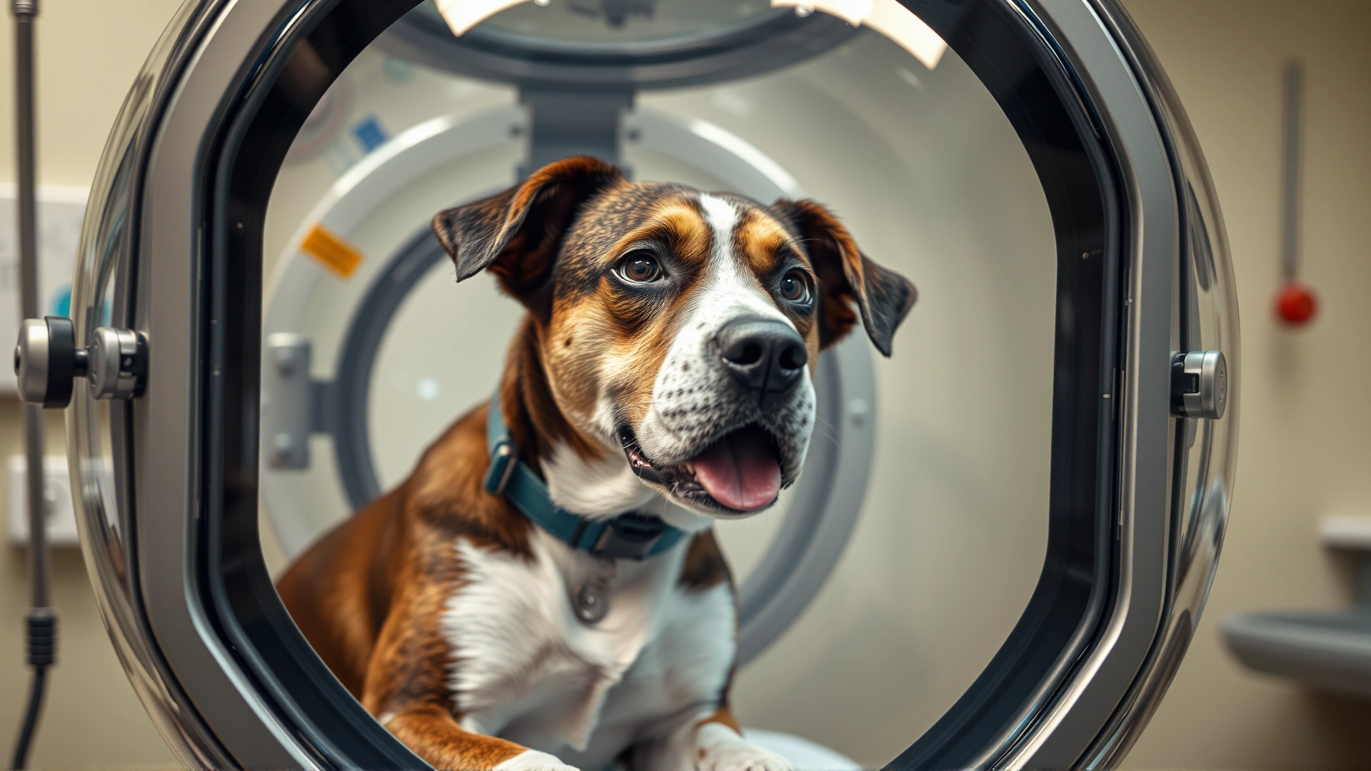 Dog inside a transparent oxygen chamber receiving treatment at a veterinary clinic