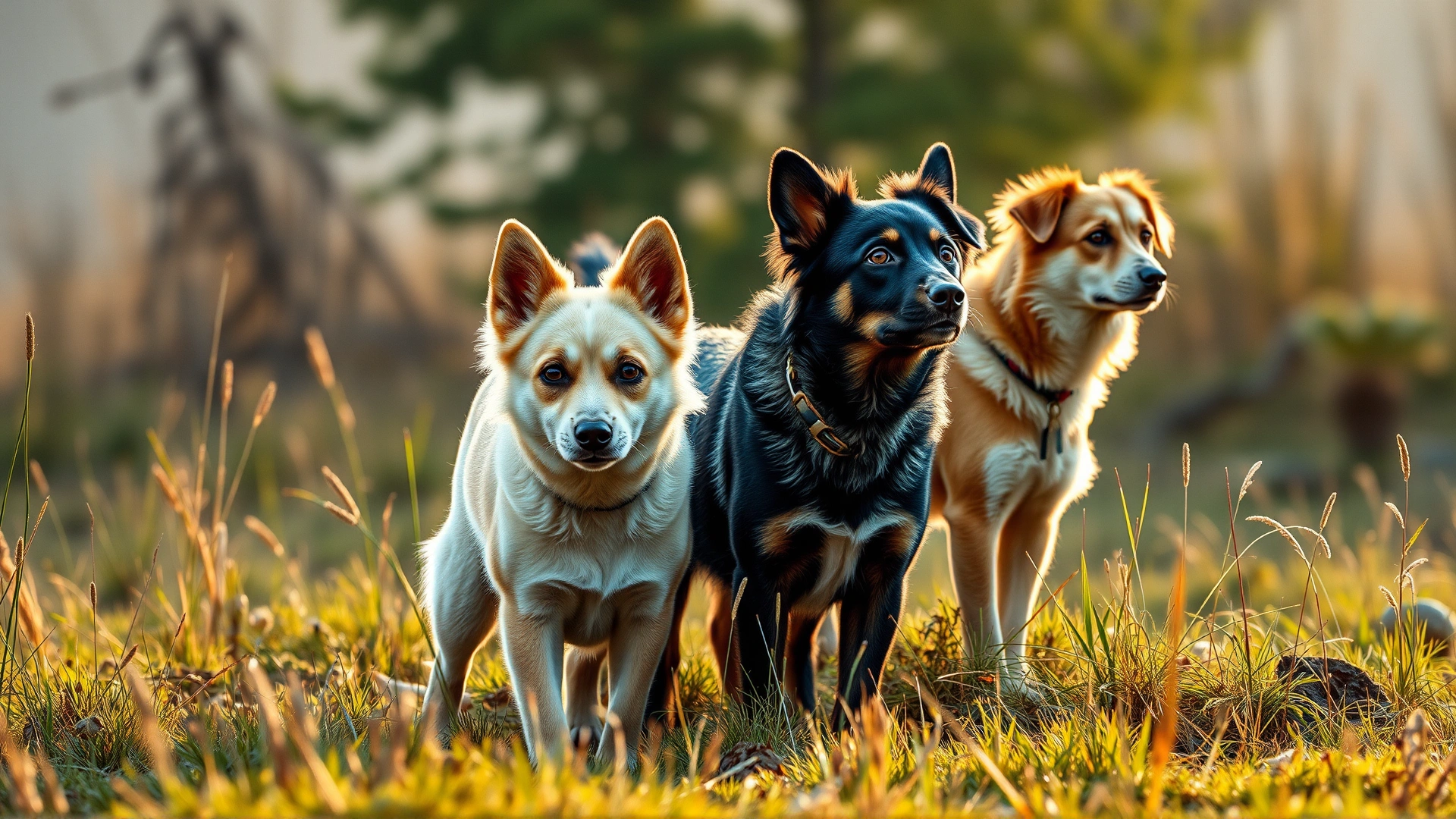 A small group of dogs in a natural environment scanning the surroundings, illustrating pack awareness, early morning light