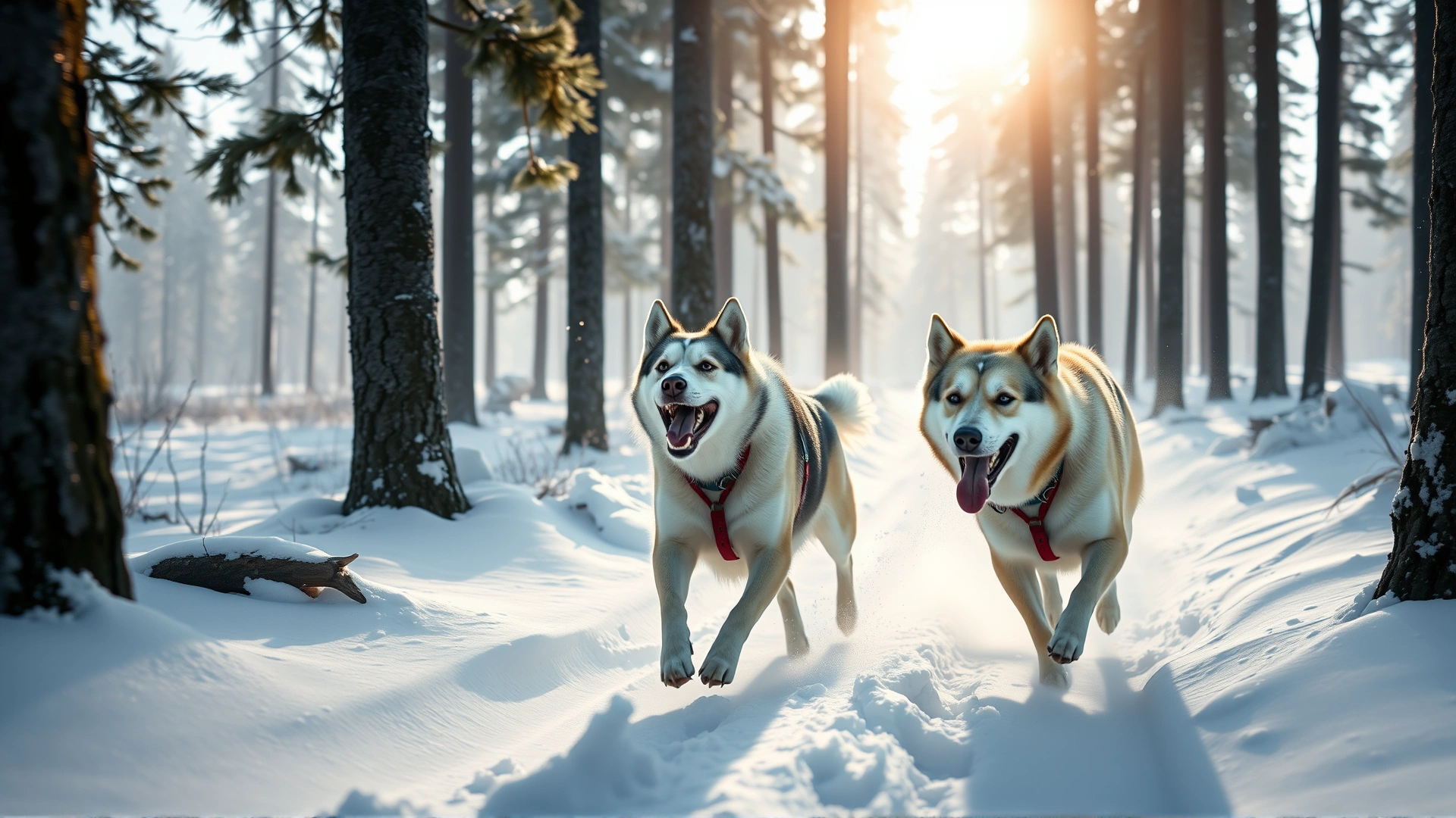Group of three sled-type dogs howling together in a snowy forest, tall pine trees, early morning light, dynamic composition.