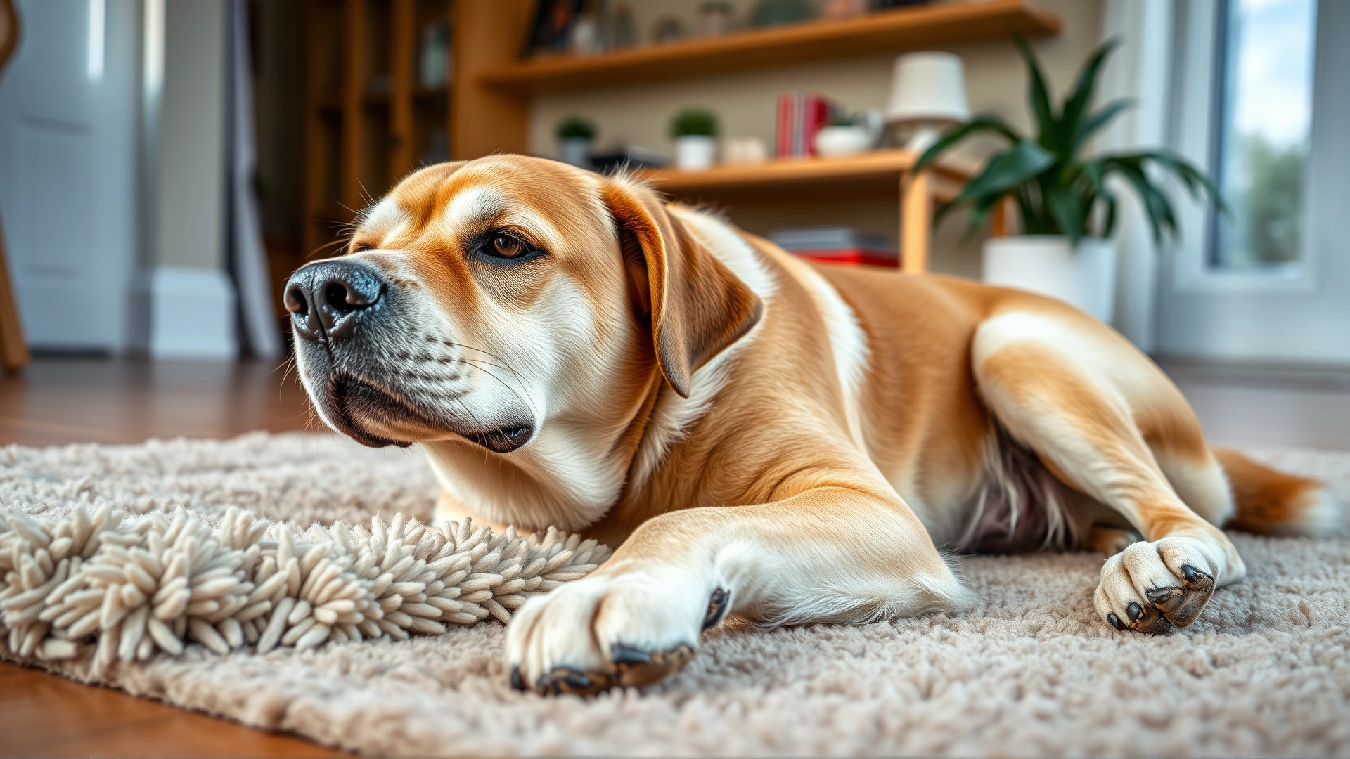 An older dog stretching comfortably on a soft rug, looking relieved and relaxed, natural home environment, warm lighting.