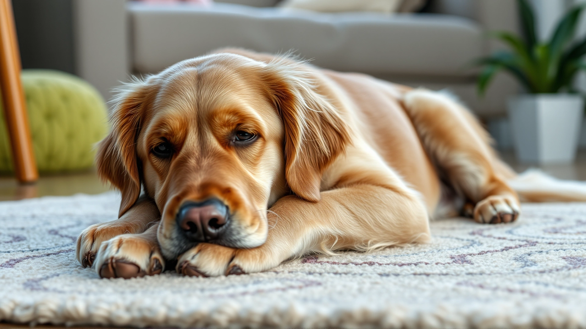 An older golden retriever lying on a cozy rug looking relieved after medication, soft natural lighting