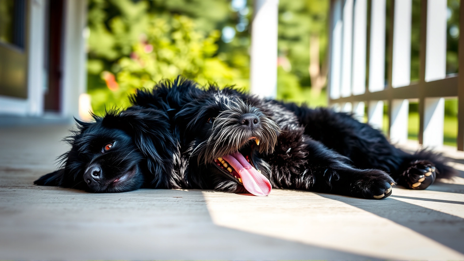 Short-haired black dog lying on a shaded porch, mouth open and tongue out, showing signs of panting in hot weather.