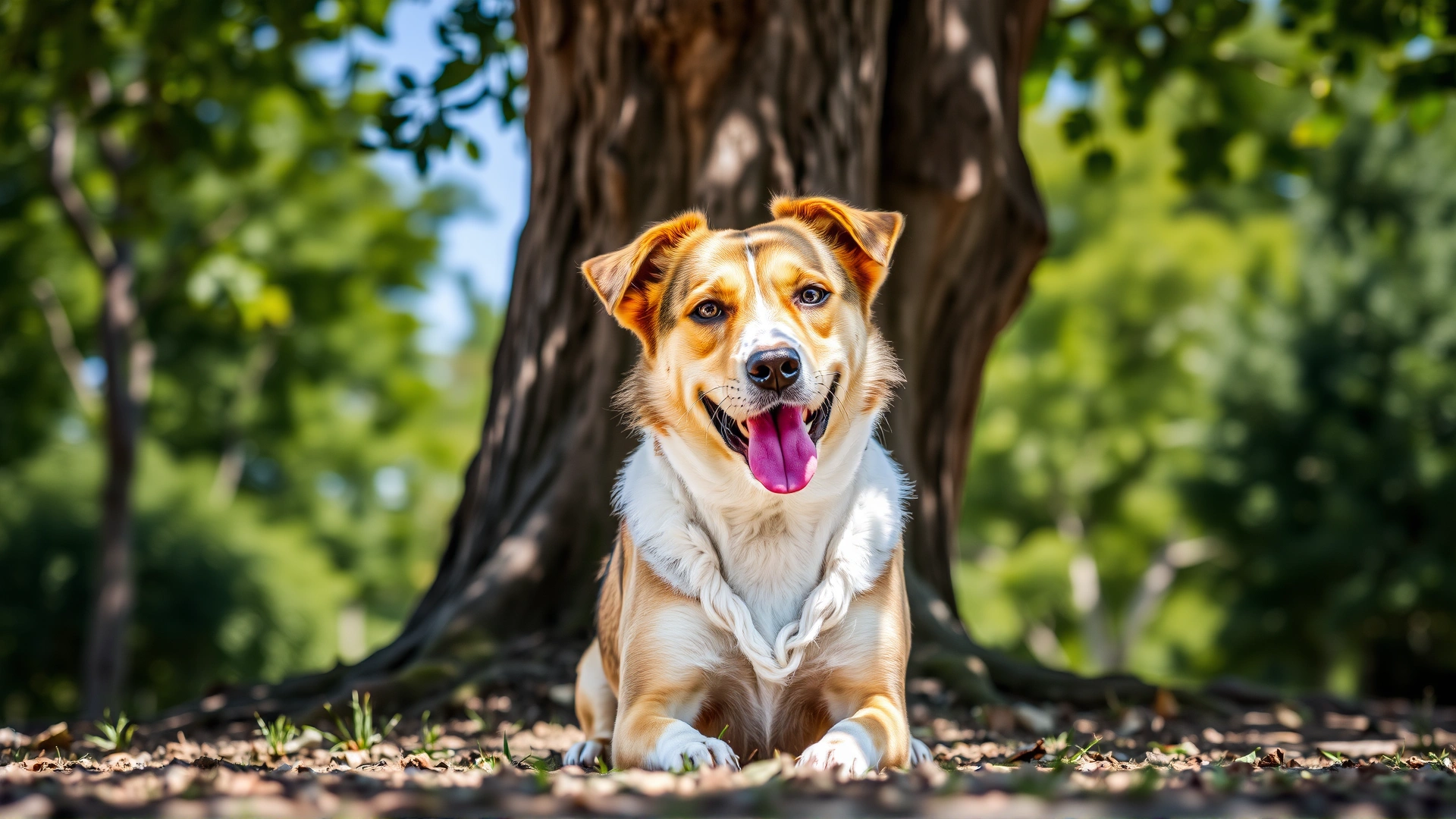 A medium-sized mixed-breed dog sitting in the shade under a tree, panting lightly on a sunny summer day.