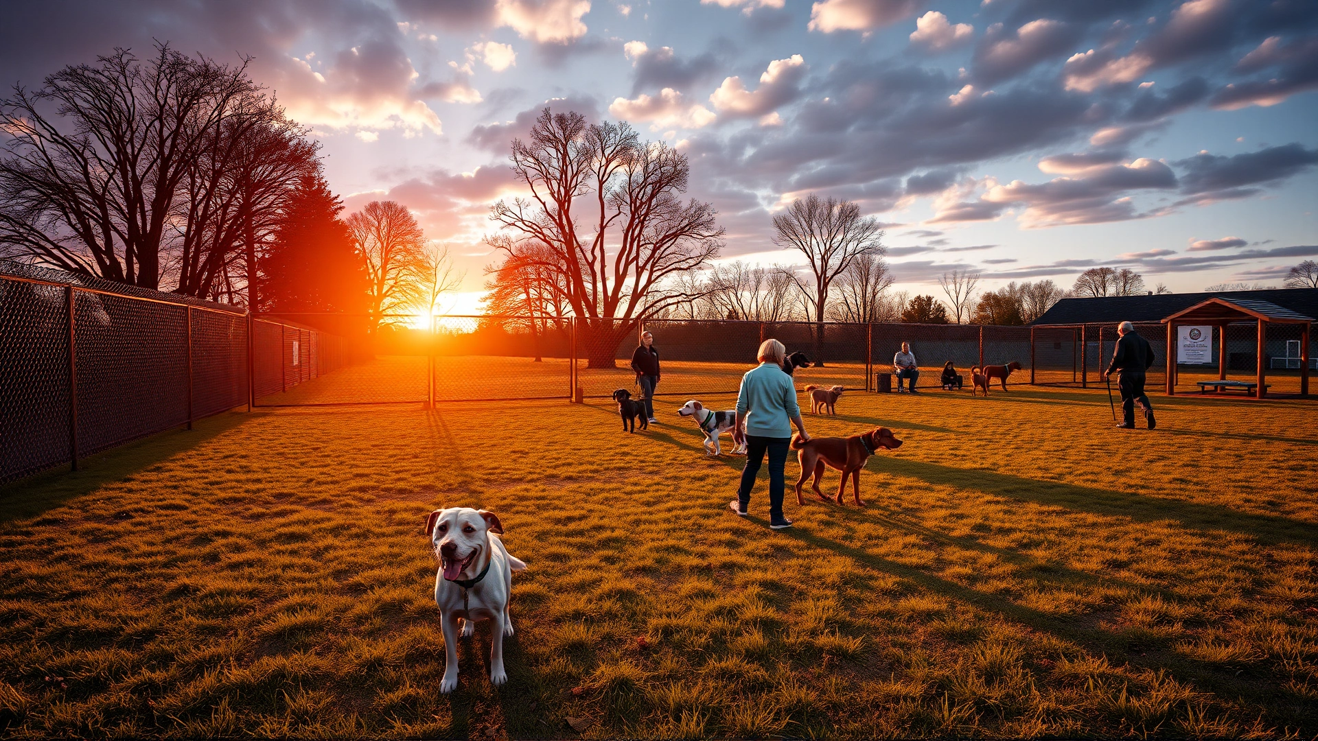 Wide shot of a fenced dog park at sunset with several dogs and owners, conveying a relaxed social environment.
