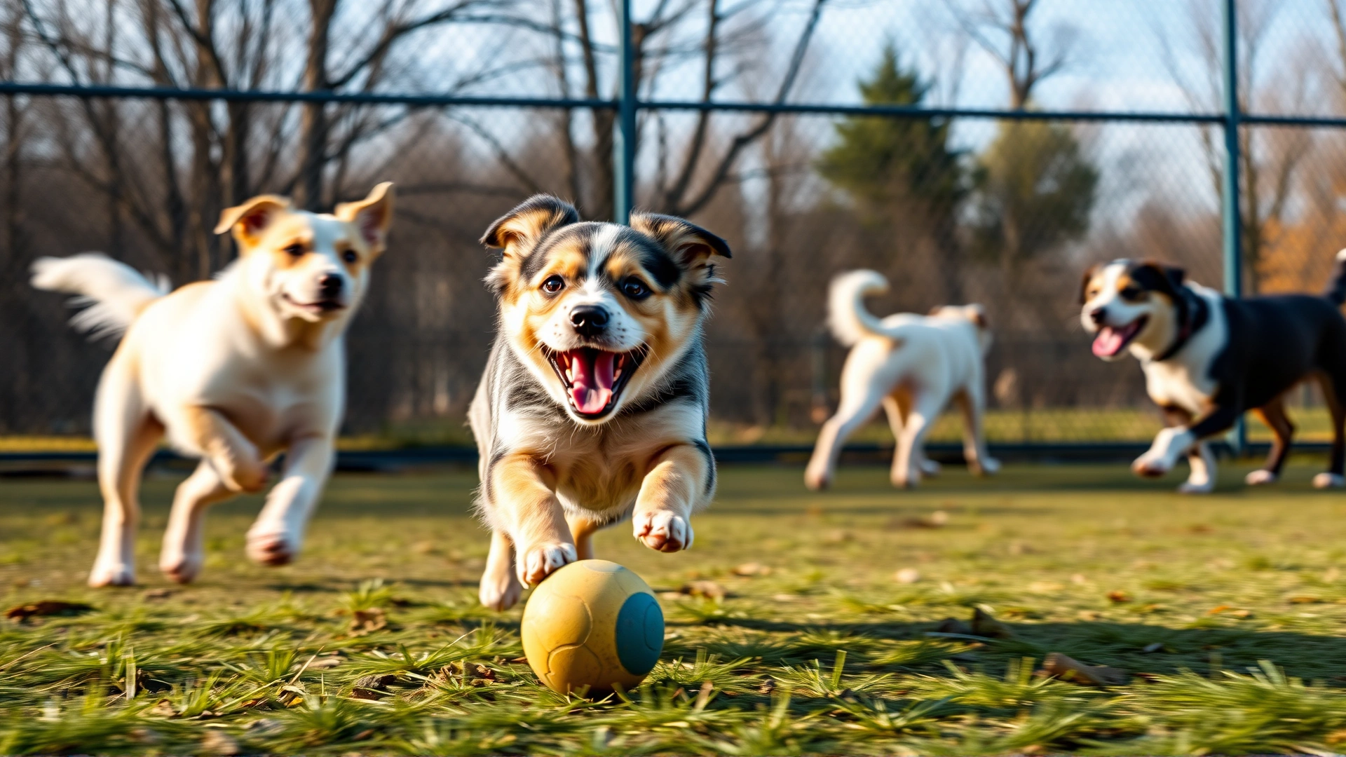 Adolescent mixed-breed puppy joyfully chasing a ball in a fenced dog park with a few vaccinated adult dogs in the background, motion blur capturing action