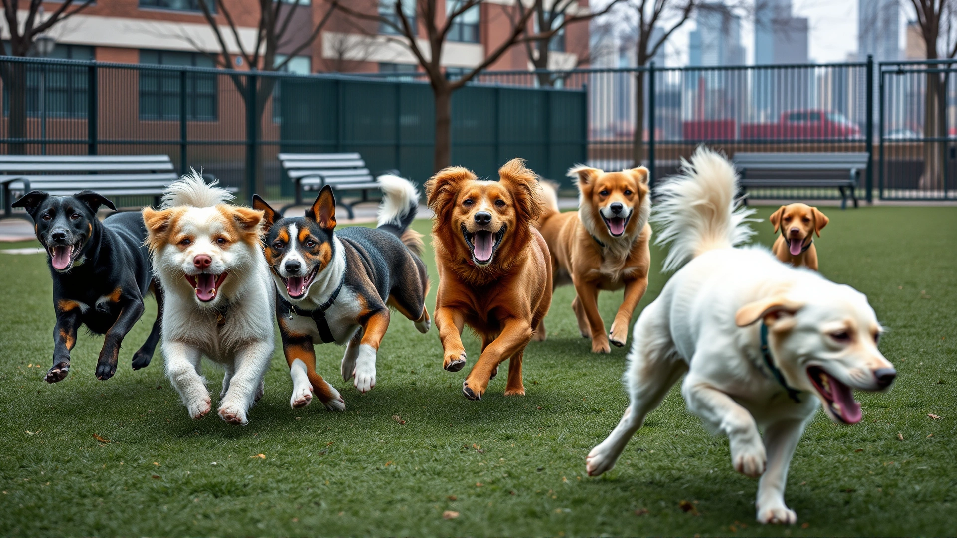 Several dogs of different breeds happily chasing each other in a fenced urban dog park with benches and city skyline visible.