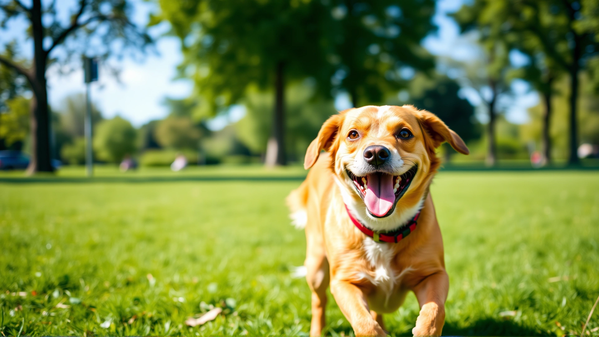 Happy mixed-breed dog running in a green park on a sunny day, representing a healthy vaccinated pet.