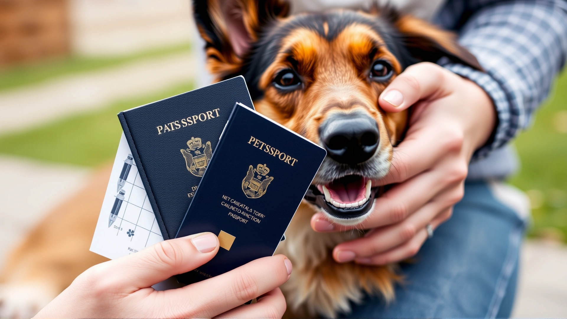 Close-up of a dog owner holding a pet passport and vaccination booklet with a relaxed dog in the background