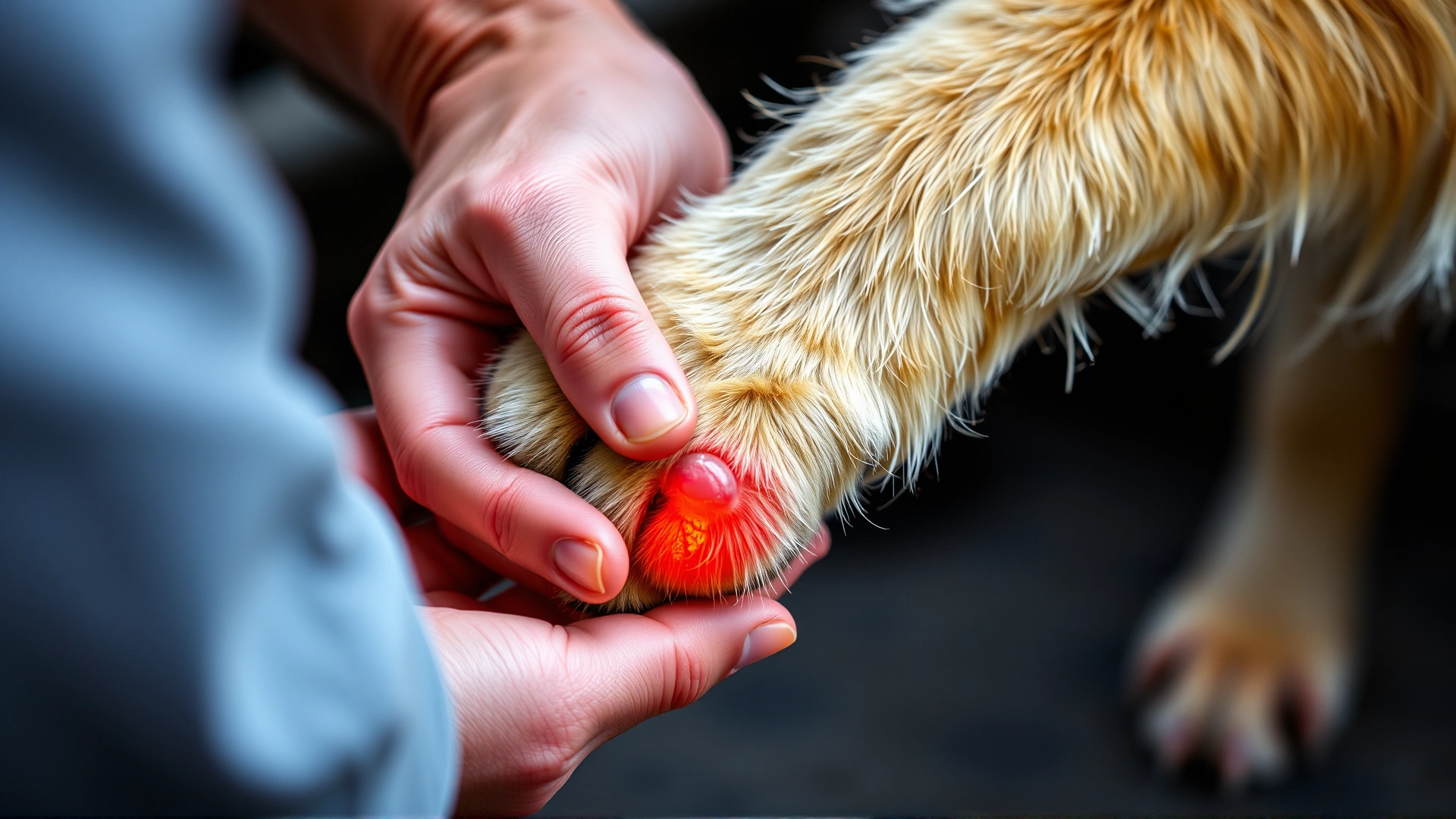 Owner gently inspecting a dog’s front paw pads with one hand, illustrating care for hot pavement burns; focus on paw and human hand.