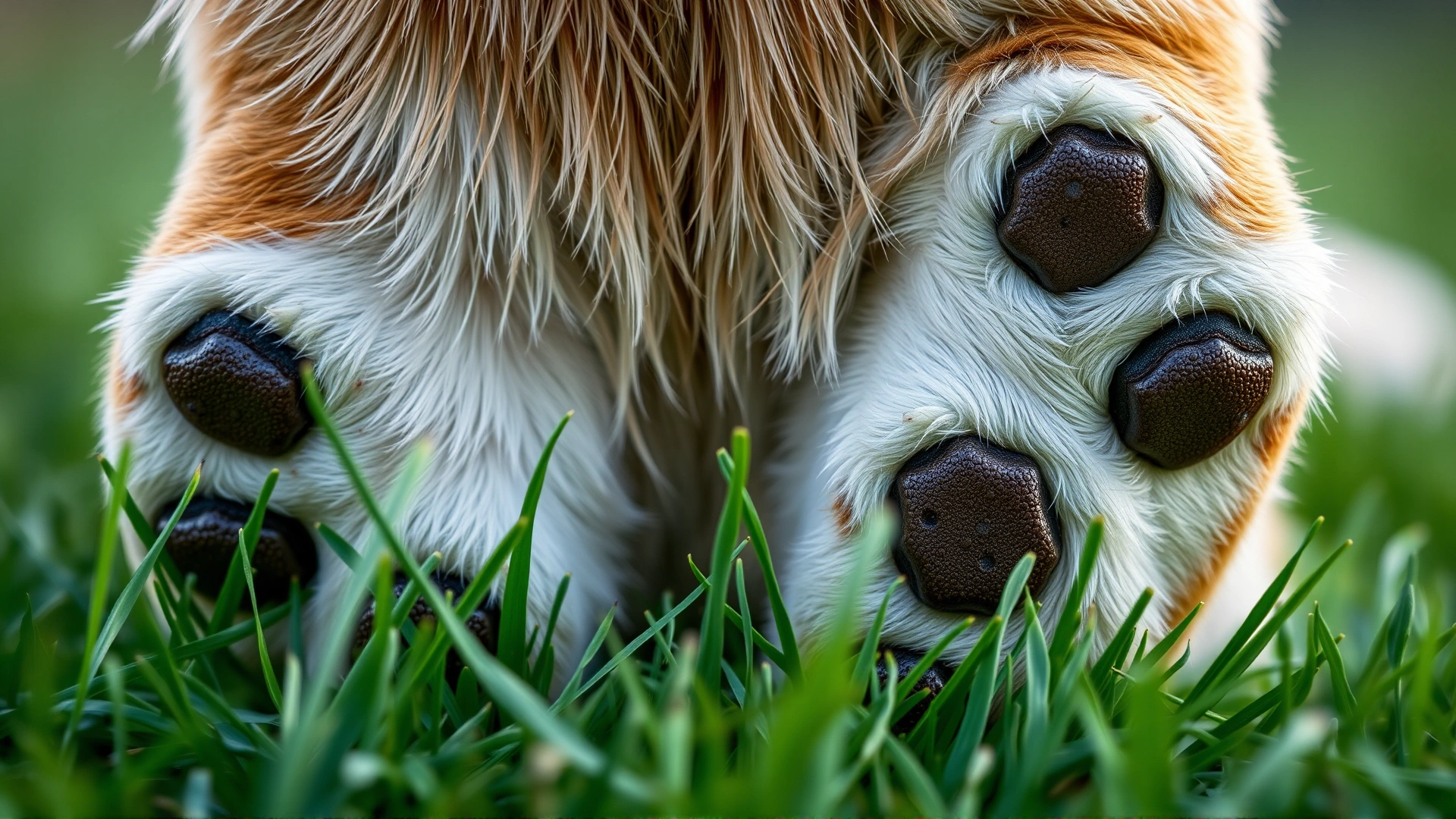 Close-up macro shot of a dog’s rear paw pads pressing into grass, emphasizing texture and scent glands.