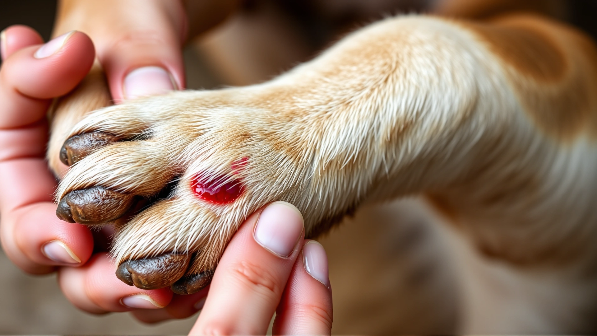 Close-up photo of a dog's paw showing small red welt from ant bite, with a human hand gently holding the paw for inspection, clear detail, natural lighting