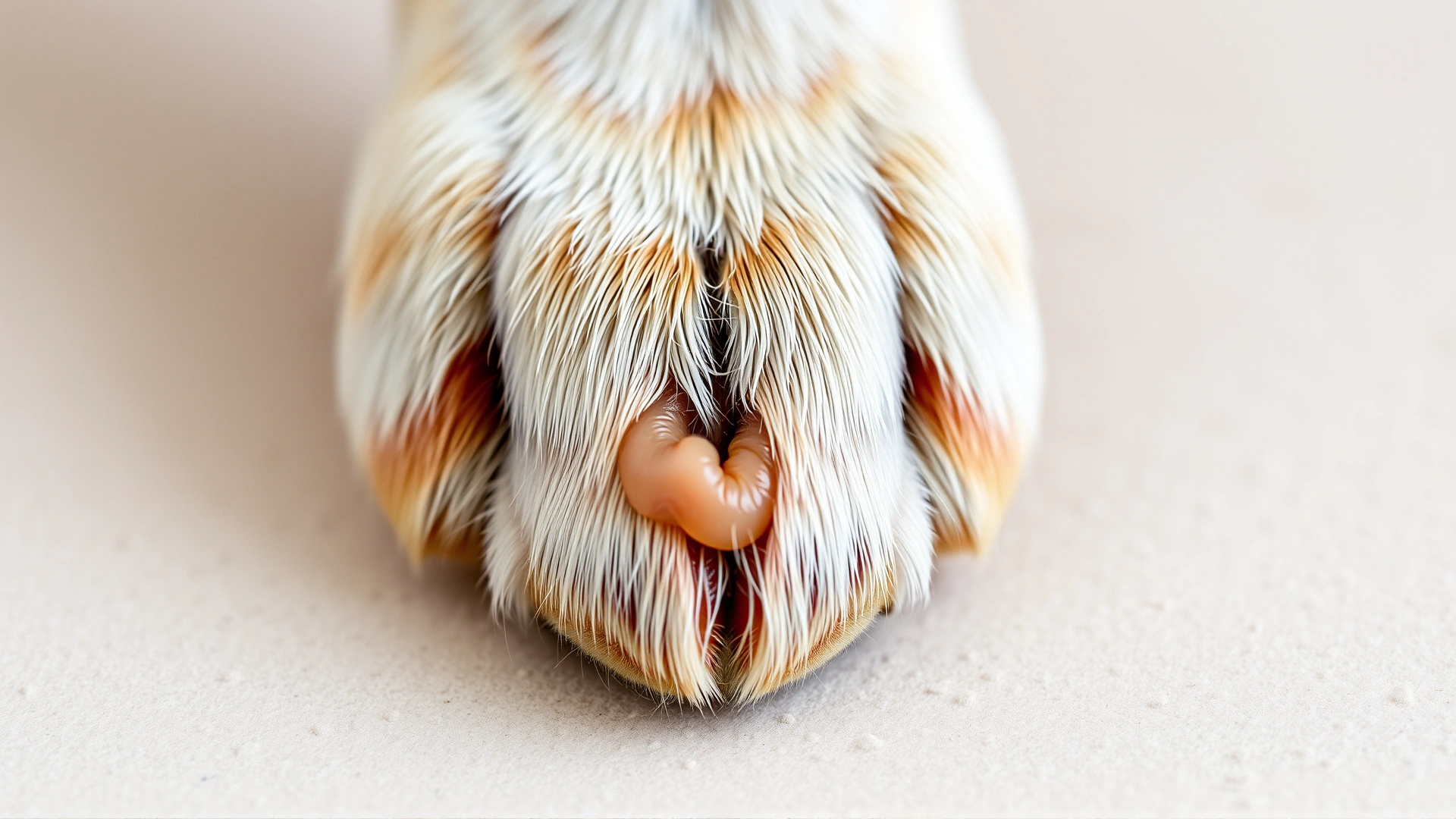Macro close-up of a dog paw displaying a small lump between the toes on a neutral light background.