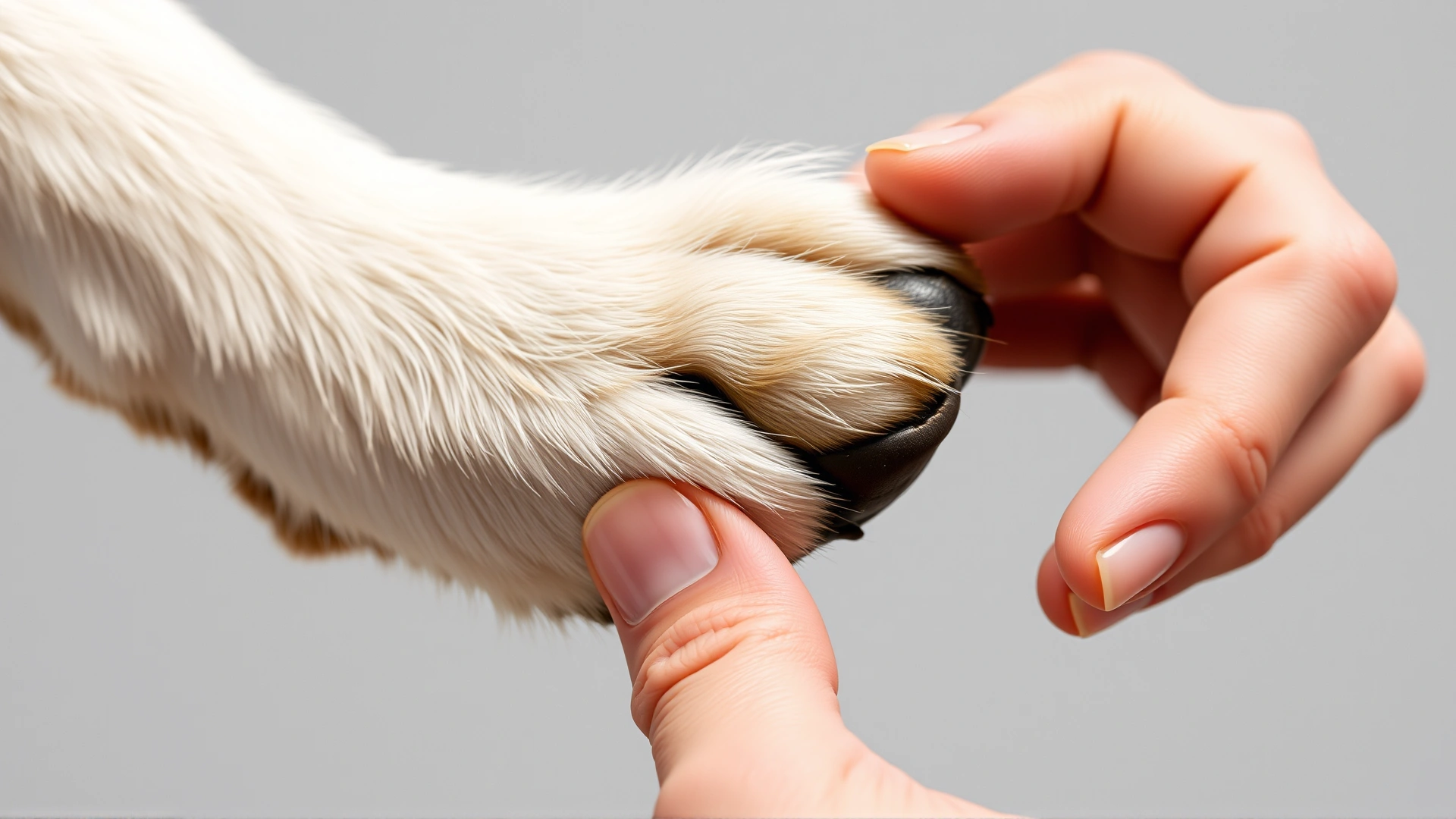 Close-up of a human hand inspecting a dog's paw, highlighting the pads and nails, neutral background.