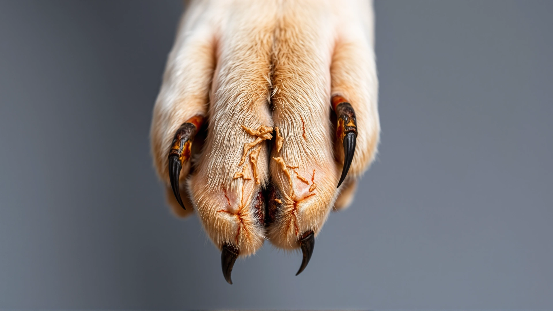 Macro photograph of a dog’s paw showing brittle, cracked nails against a neutral background to illustrate symptoms of lupoid onychodystrophy.