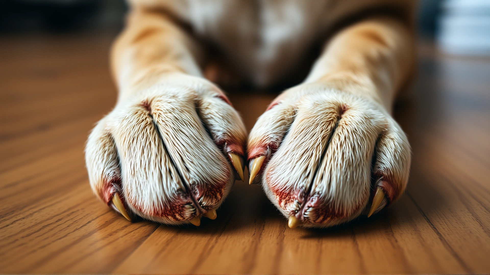 Macro shot of well-groomed dog paws resting on a wooden floor, showcasing neatly trimmed nails.