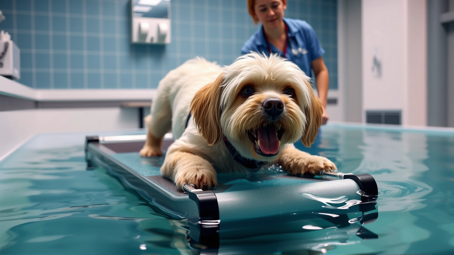 Dog undergoing hydrotherapy on an underwater treadmill with a therapist supervising