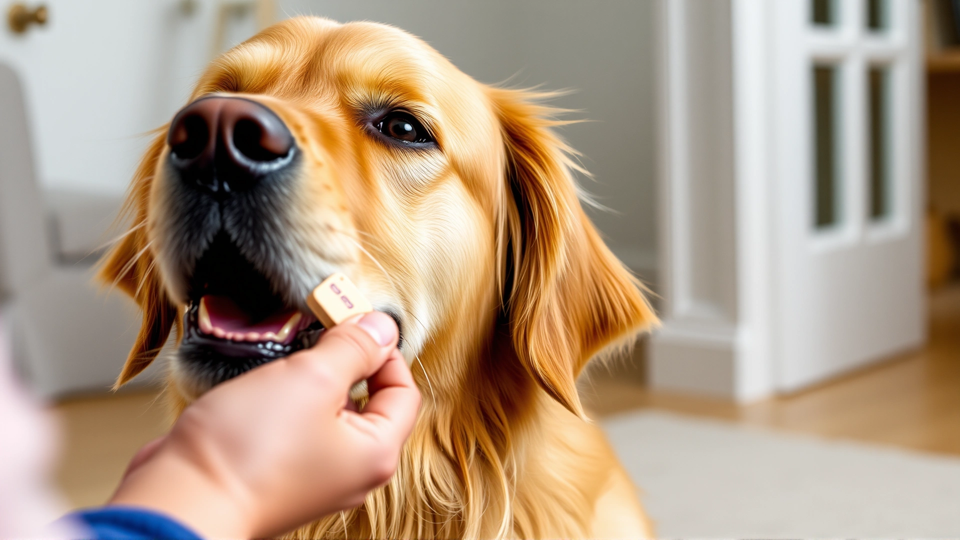 Golden retriever happily accepting a chewable tablet from owner's hand indoors.