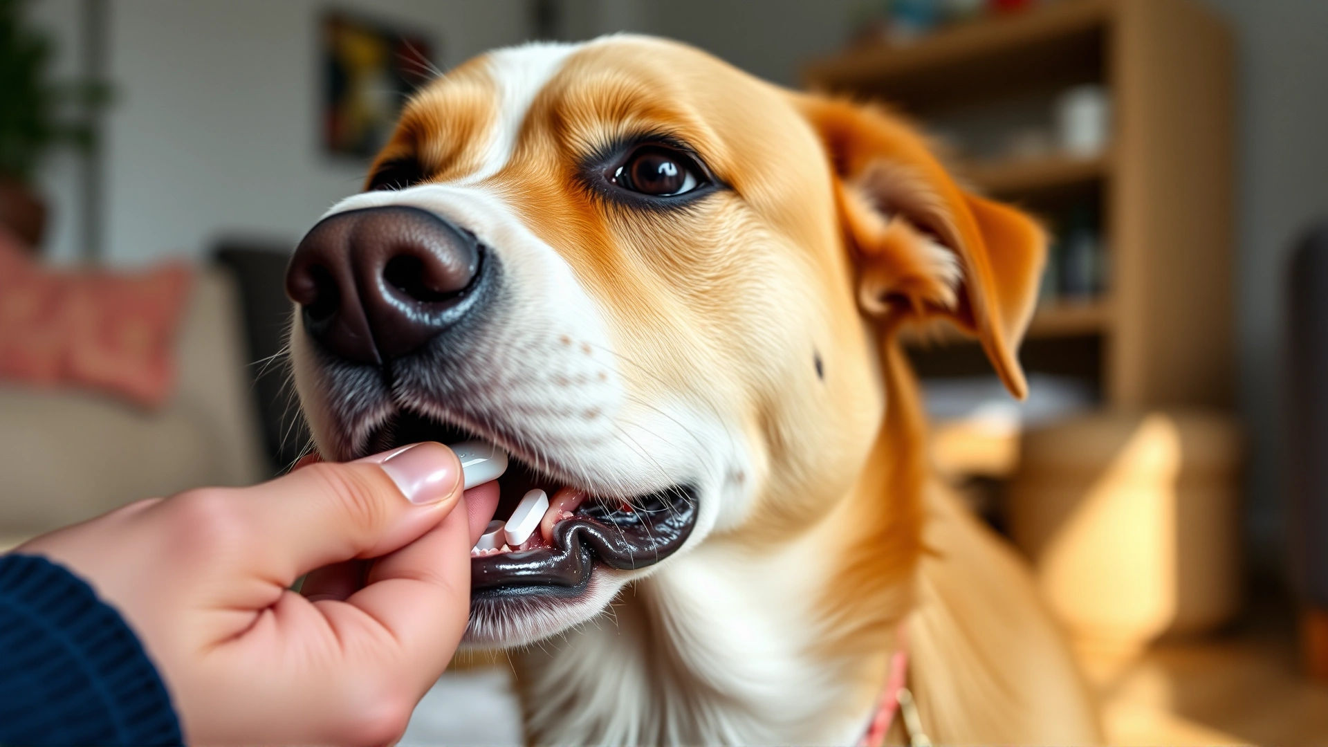 Close-up of a dog gently taking a pill from the owner's hand in a cozy home environment; focus on dog’s mouth and pill, natural lighting