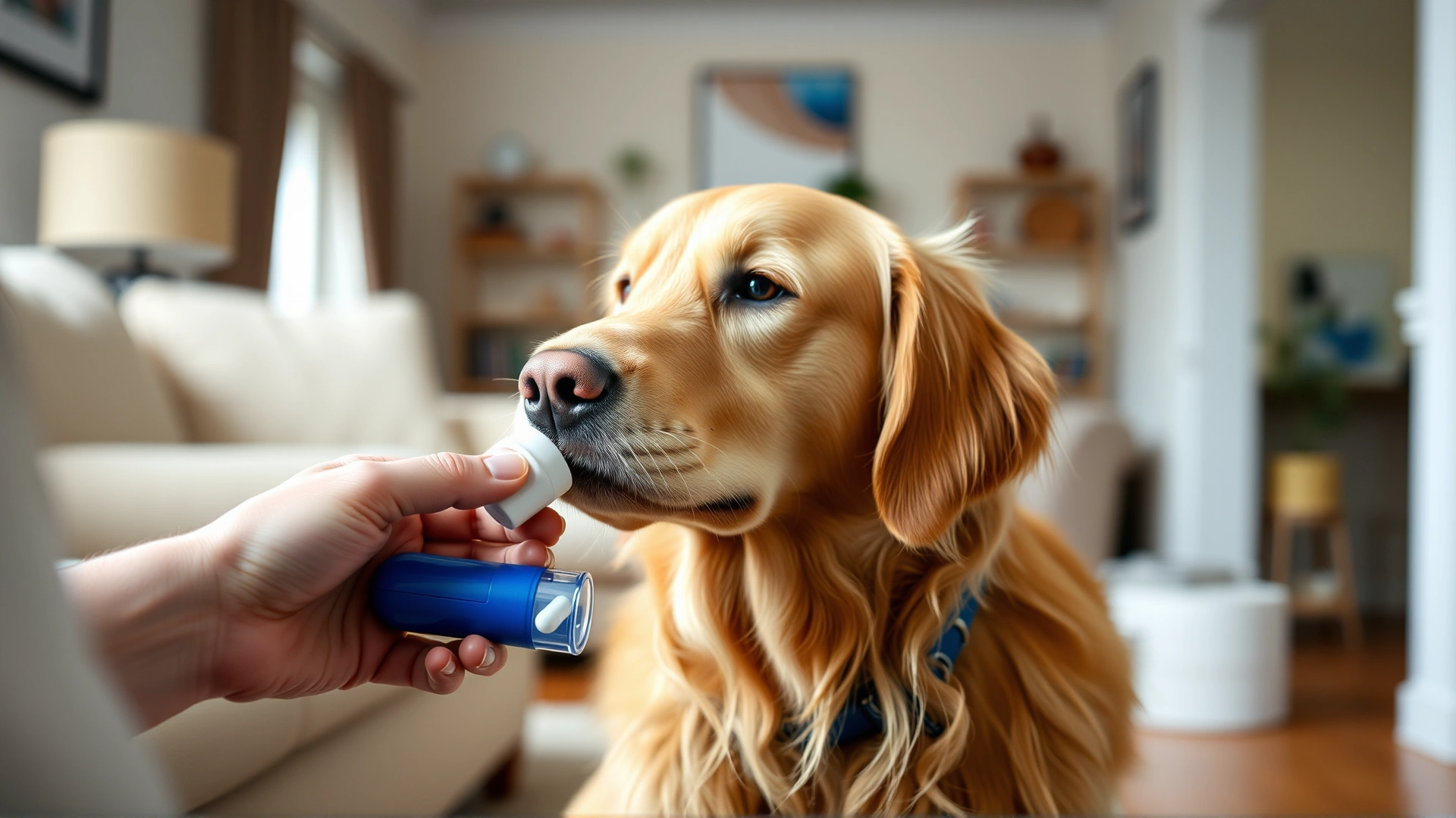 A golden retriever calmly taking a pill from its owner's hand using a pill dispenser in a cozy living room, shallow depth of field.
