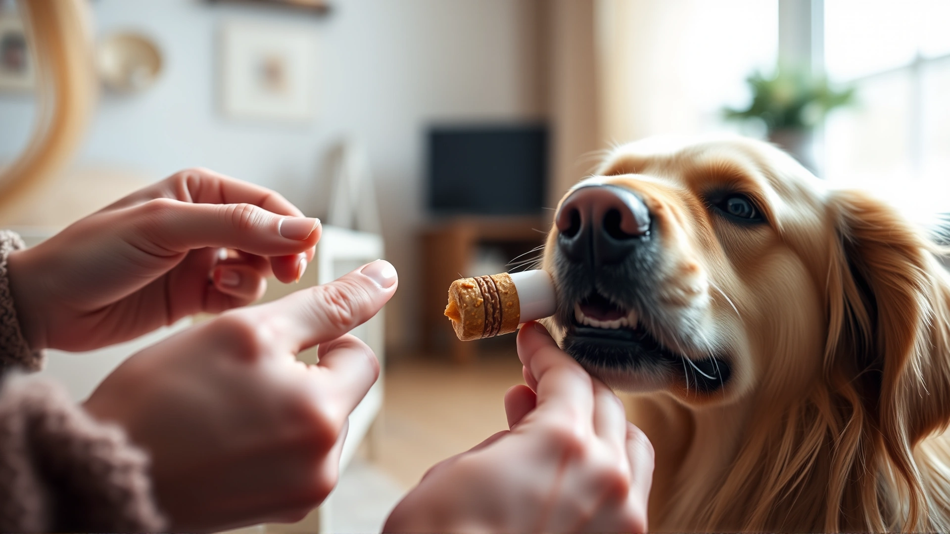 Close-up of a dog owner giving a pill wrapped in a soft treat to a golden retriever, cozy home environment, shallow depth of field
