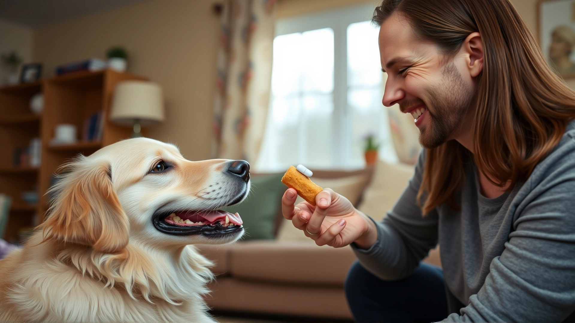 Smiling pet owner offering a small pill hidden inside a soft treat to a happy Golden Retriever in a cozy living room.