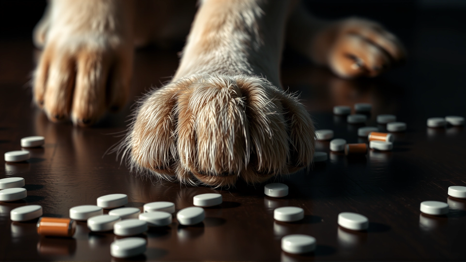 Close-up of a dog's paw beside scattered acetaminophen tablets on a dark wooden floor, dramatic lighting emphasizing danger.