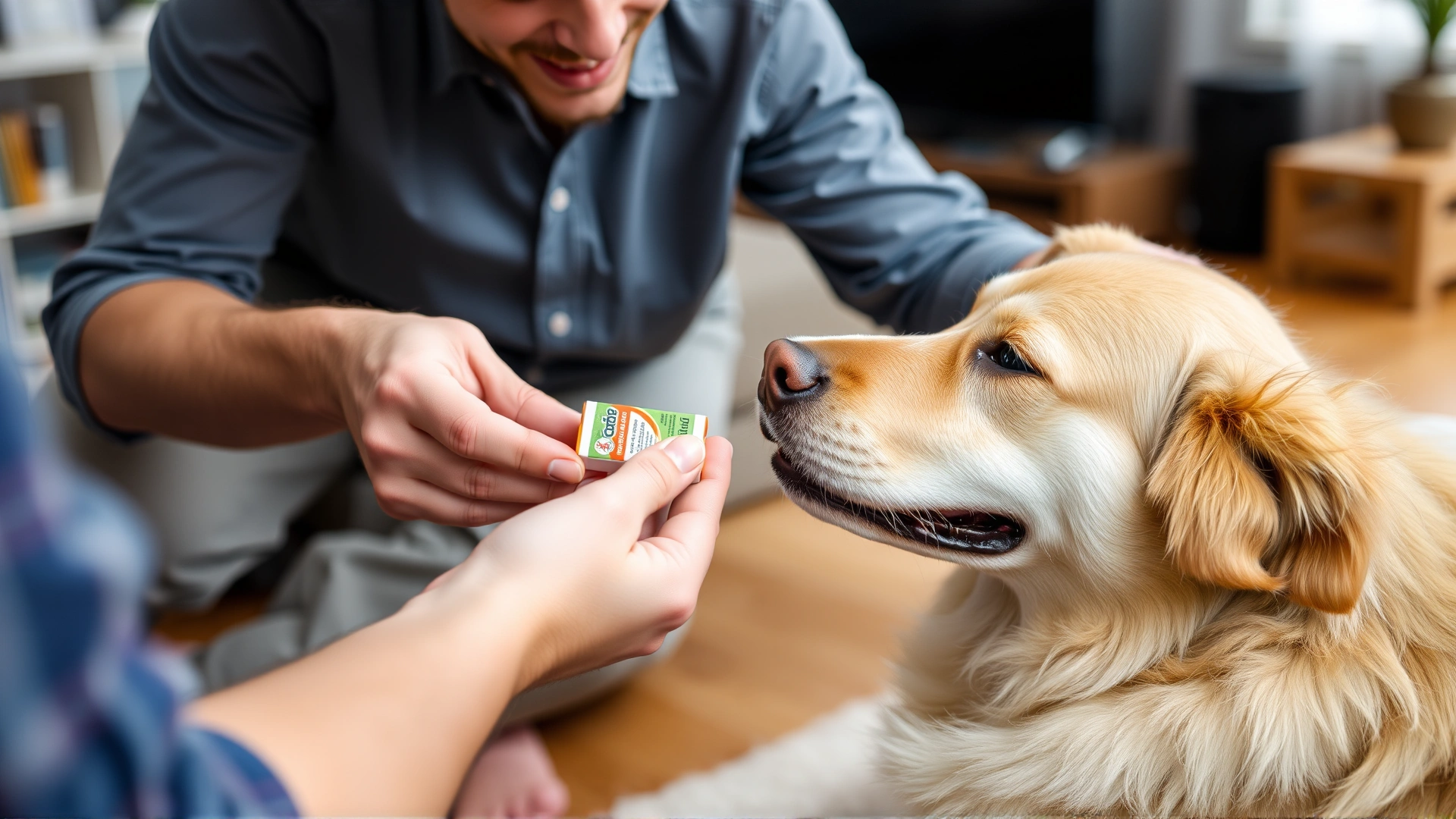 Owner giving a flavored chewable flea prevention pill to a relaxed dog in the living room