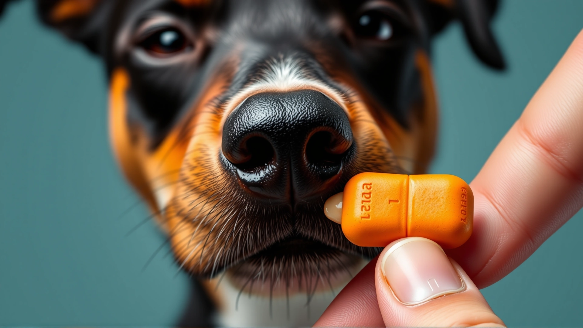 Macro shot of a dog's nose sniffing a commercial pill pocket treat held between fingers, neutral background, no text.