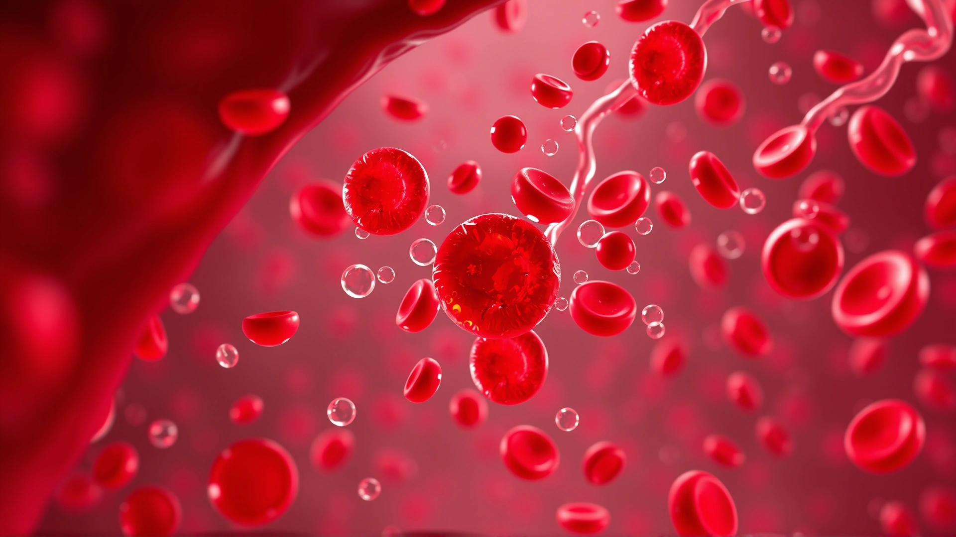 Illustrative photo of red blood cells and platelets flowing through a canine blood vessel, vibrant colors, macro medical style.