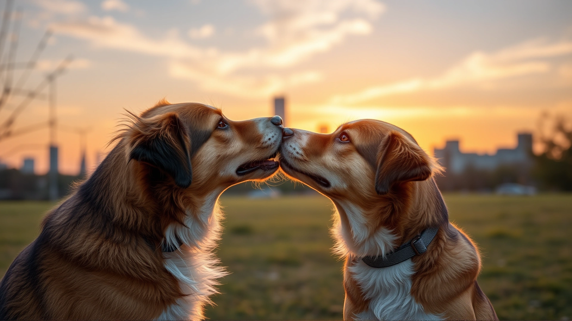 Two dogs greeting each other in a city park at sunset, small ticks visible on their fur