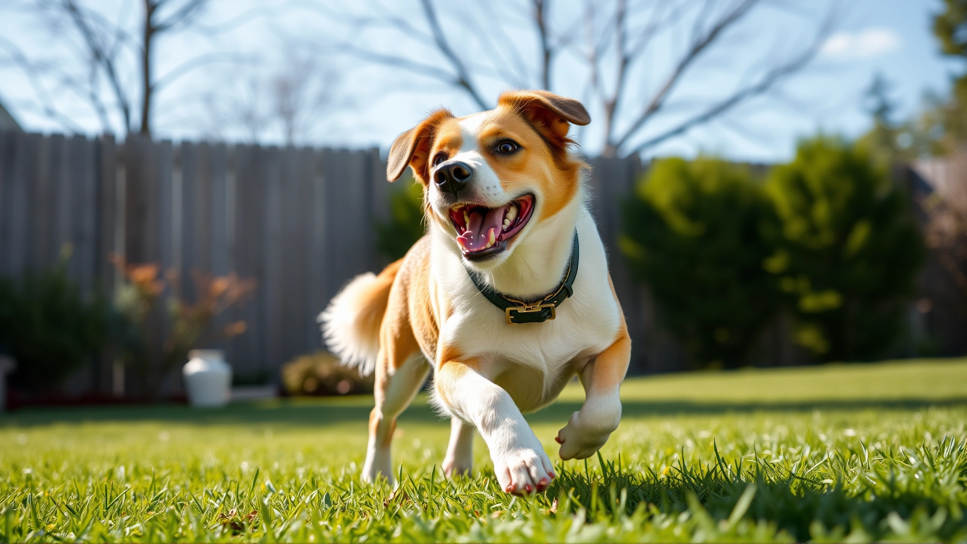 Happy dog running across a sunny backyard lawn, wearing a flea collar, motion captured