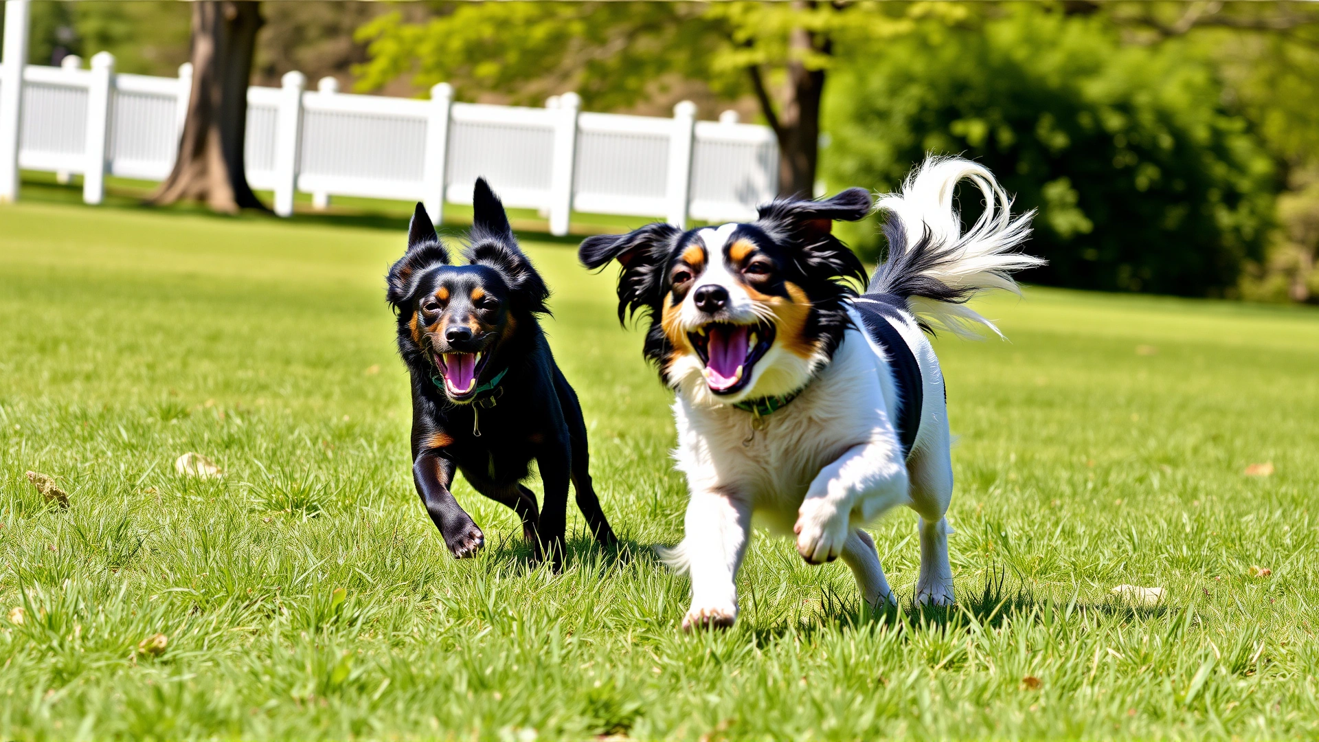 Two friendly dogs playing chase in a grassy park, bodies loose and tails wagging, action shot, sunny day
