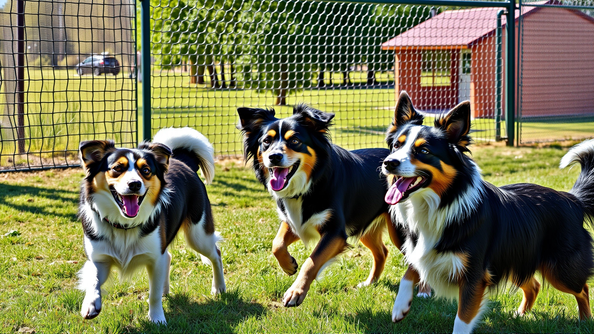 Group of three friendly dogs of different breeds happily playing together in a fenced dog park on a sunny day