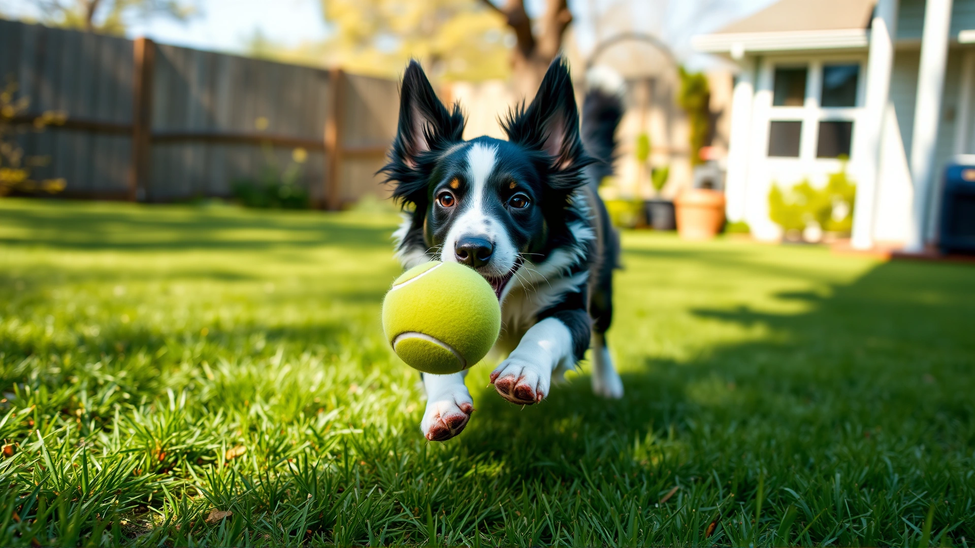 Young border collie chasing a tennis ball in a sunny backyard, motion captured, no text