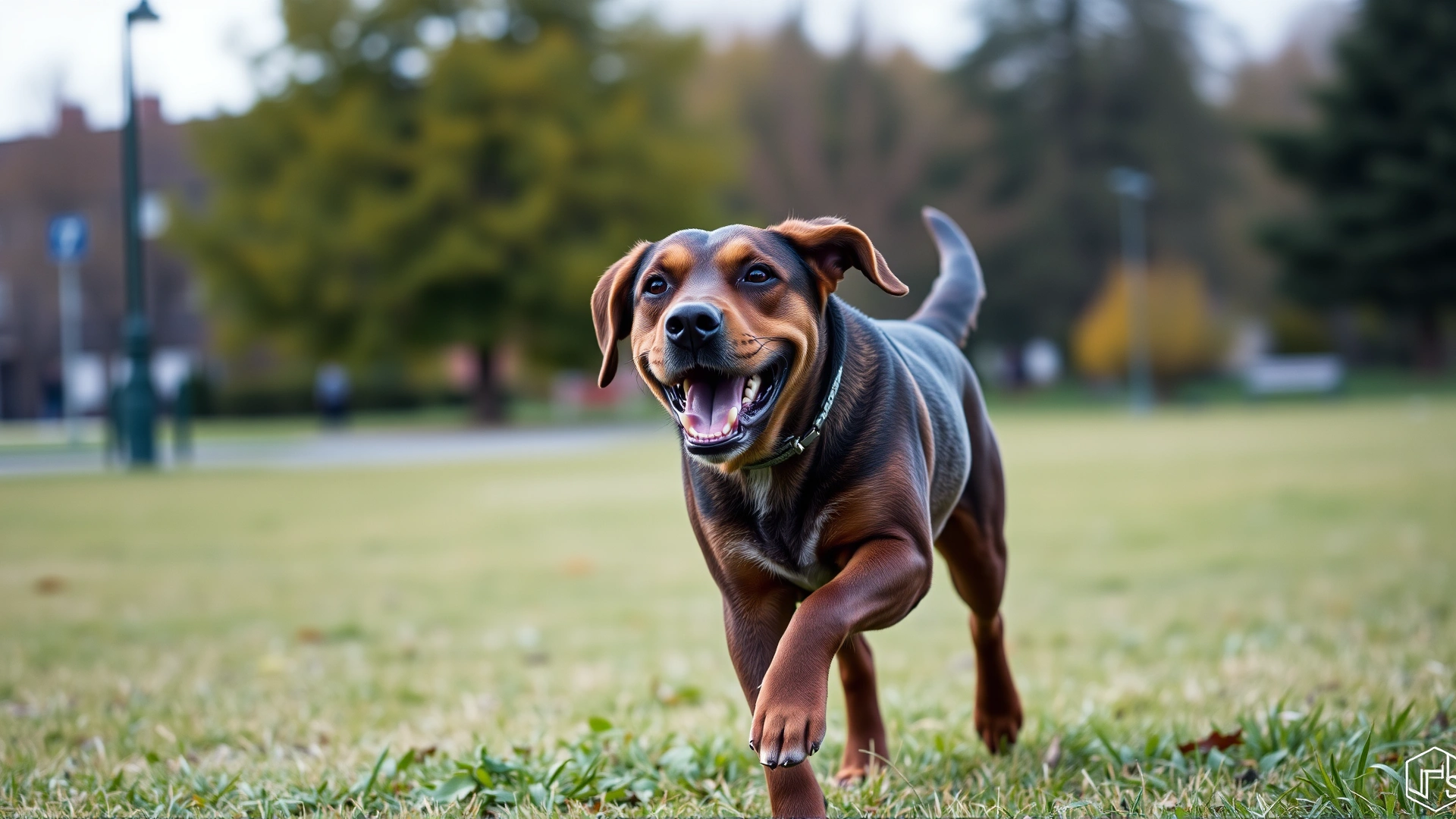 An energetic senior Labrador running happily in a grassy park, showcasing improved mobility after osteoarthritis treatment, with a clear background and no text.