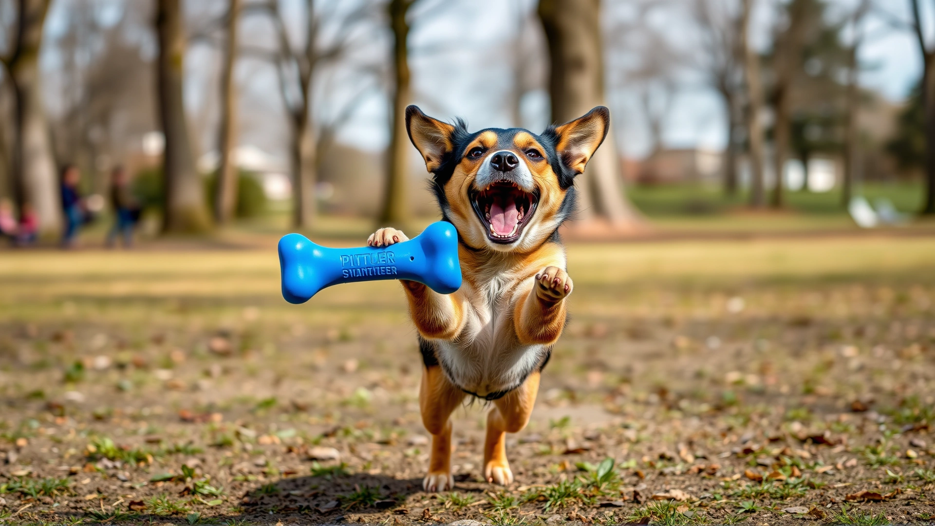 Energetic dog mid-jump catching a vivid blue chew toy in an outdoor park, captured in sharp focus with blurred background.