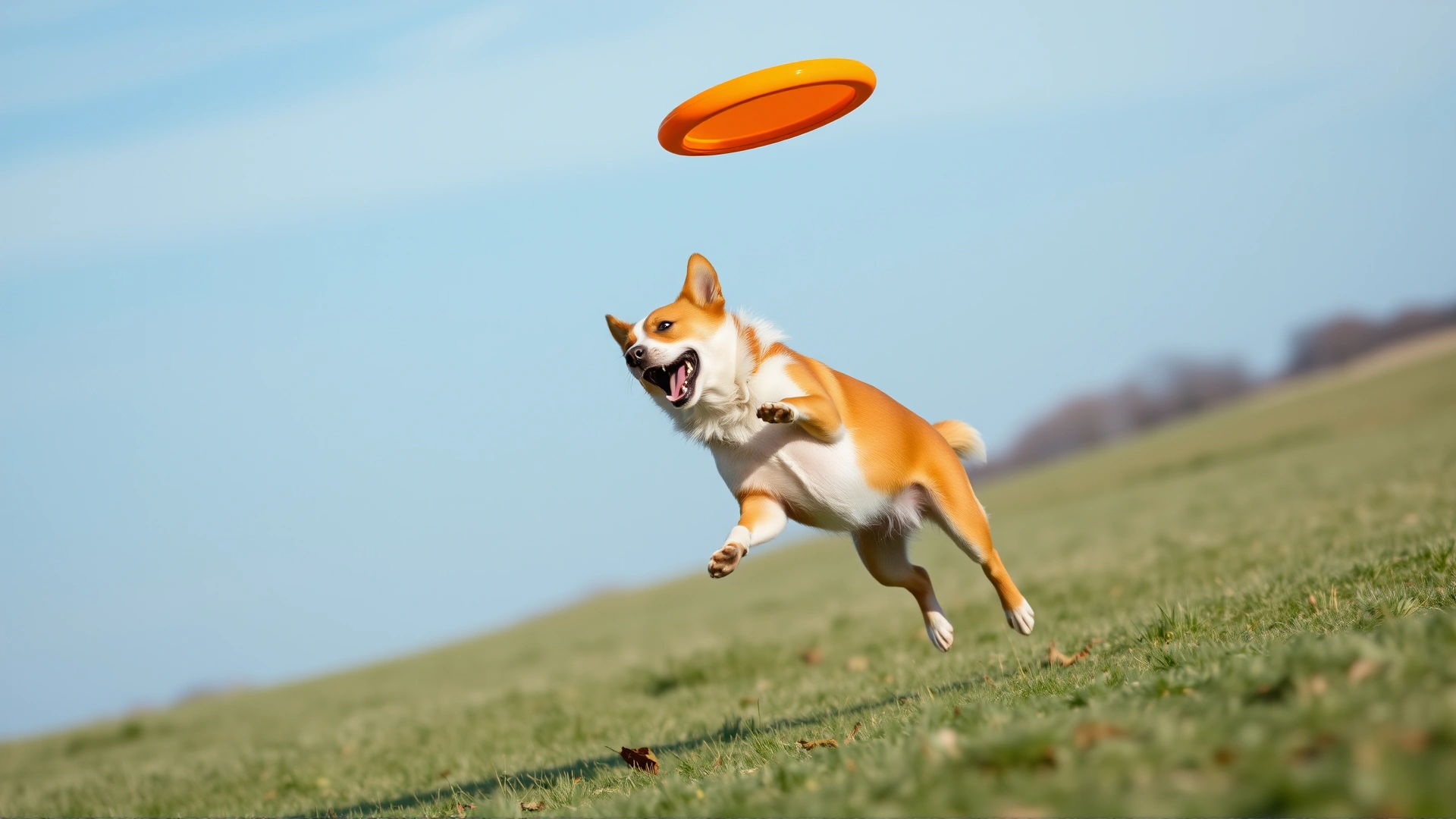 Energetic dog mid-air catching a bright frisbee in an open field with blue sky.
