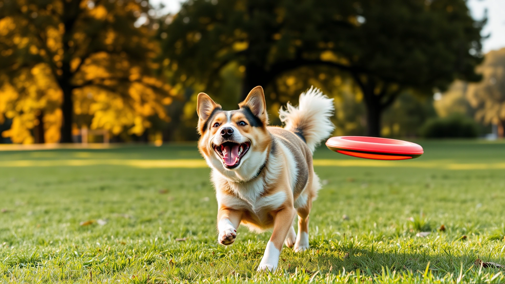 Happy mixed-breed dog chasing a frisbee in a grassy park on a sunny day; the background shows trees with rich green leaves and warm sunlight.