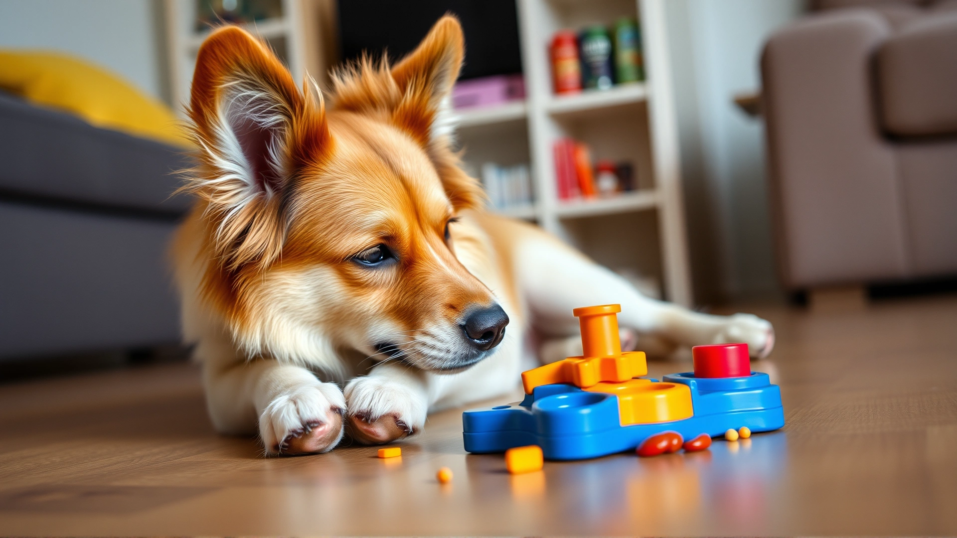 Dog engaging with a colorful food puzzle toy on the floor, focused expression, living room setting, no text.