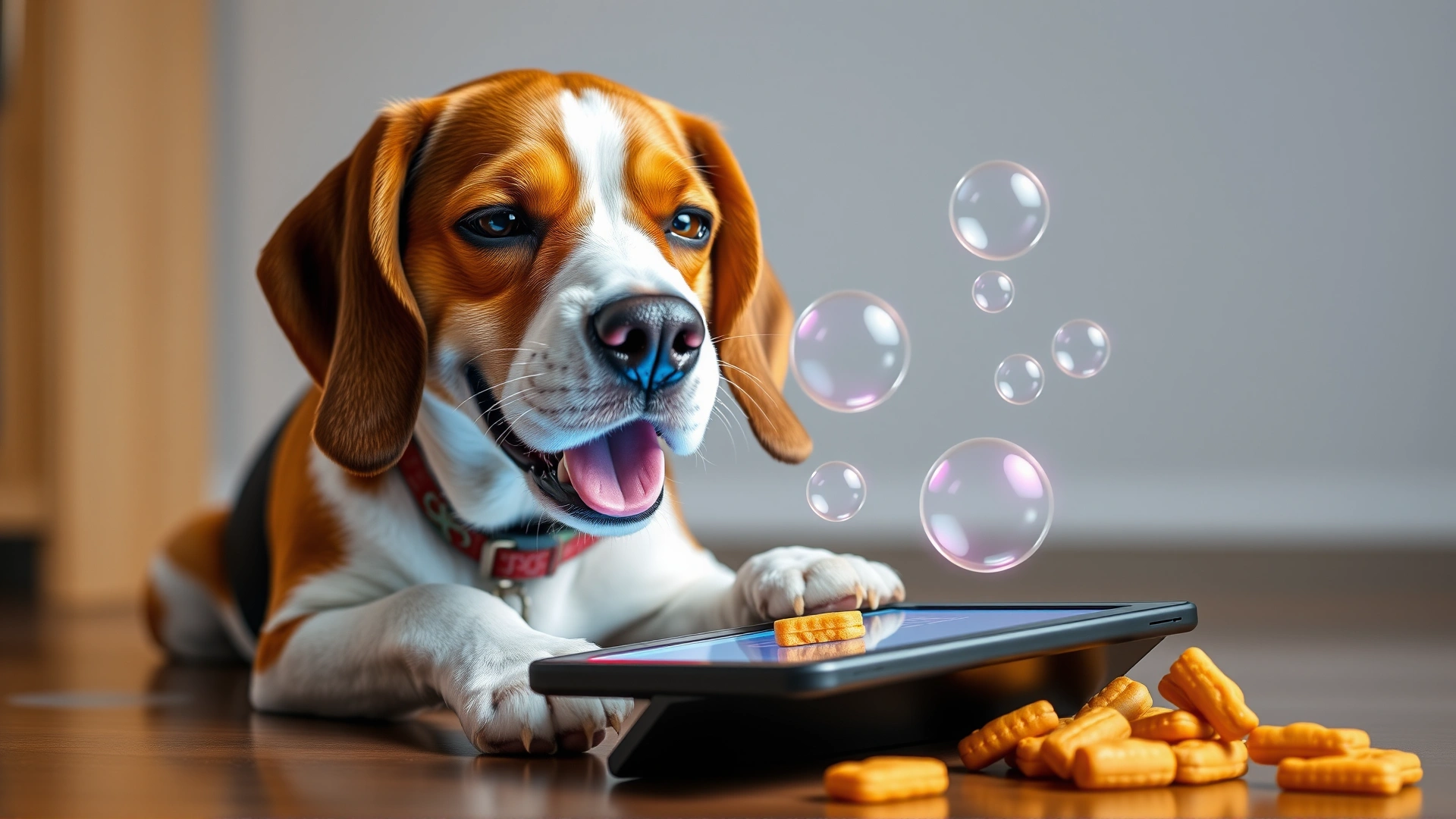 Joyful senior beagle actively tapping animated bubbles on a tablet, snack rewards visible beside device