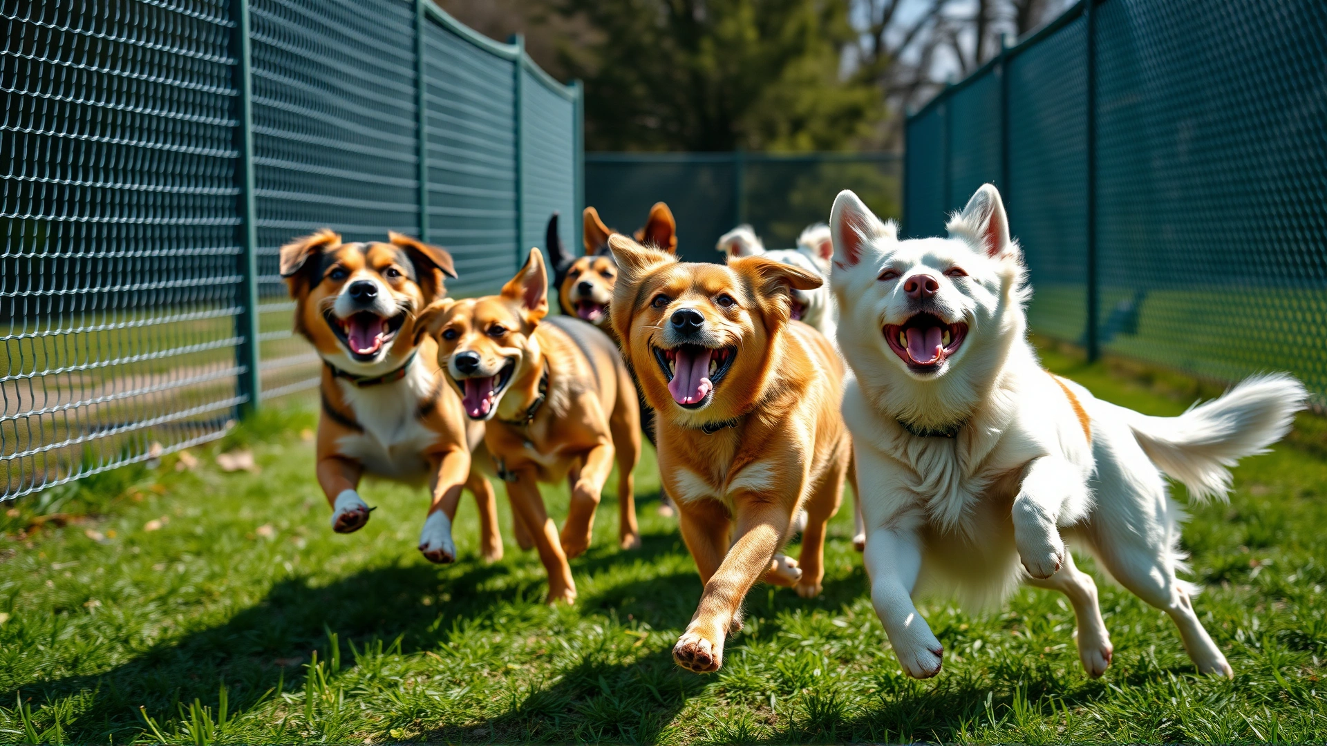 Group of dogs joyfully running and playing together in a fenced dog park, sunny day, no text