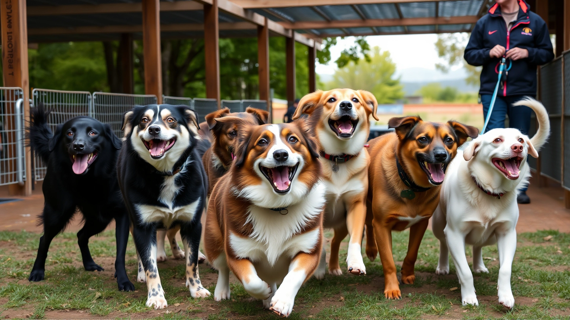 Group of happy dogs of various breeds playing together in a spacious outdoor run under staff supervision.