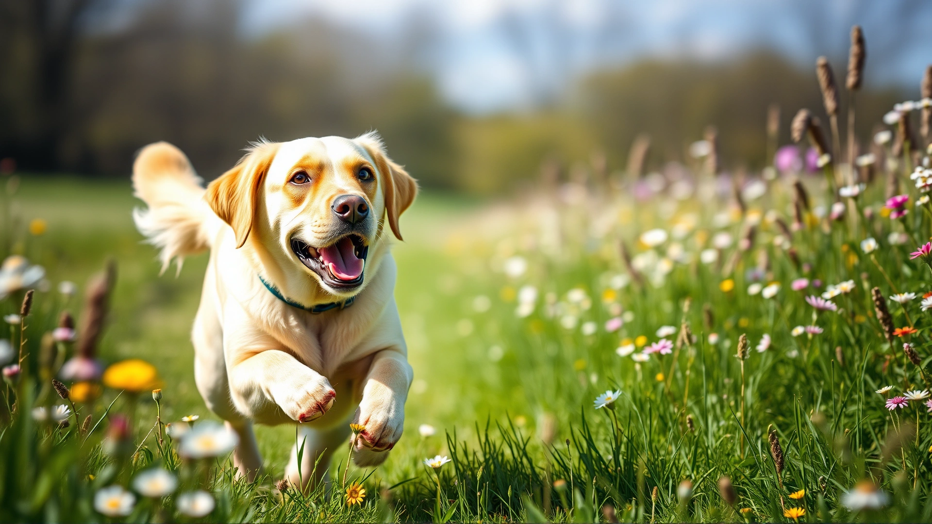 Playful Labrador retriever running through a flowering meadow with visible pollen in the air, sunny day
