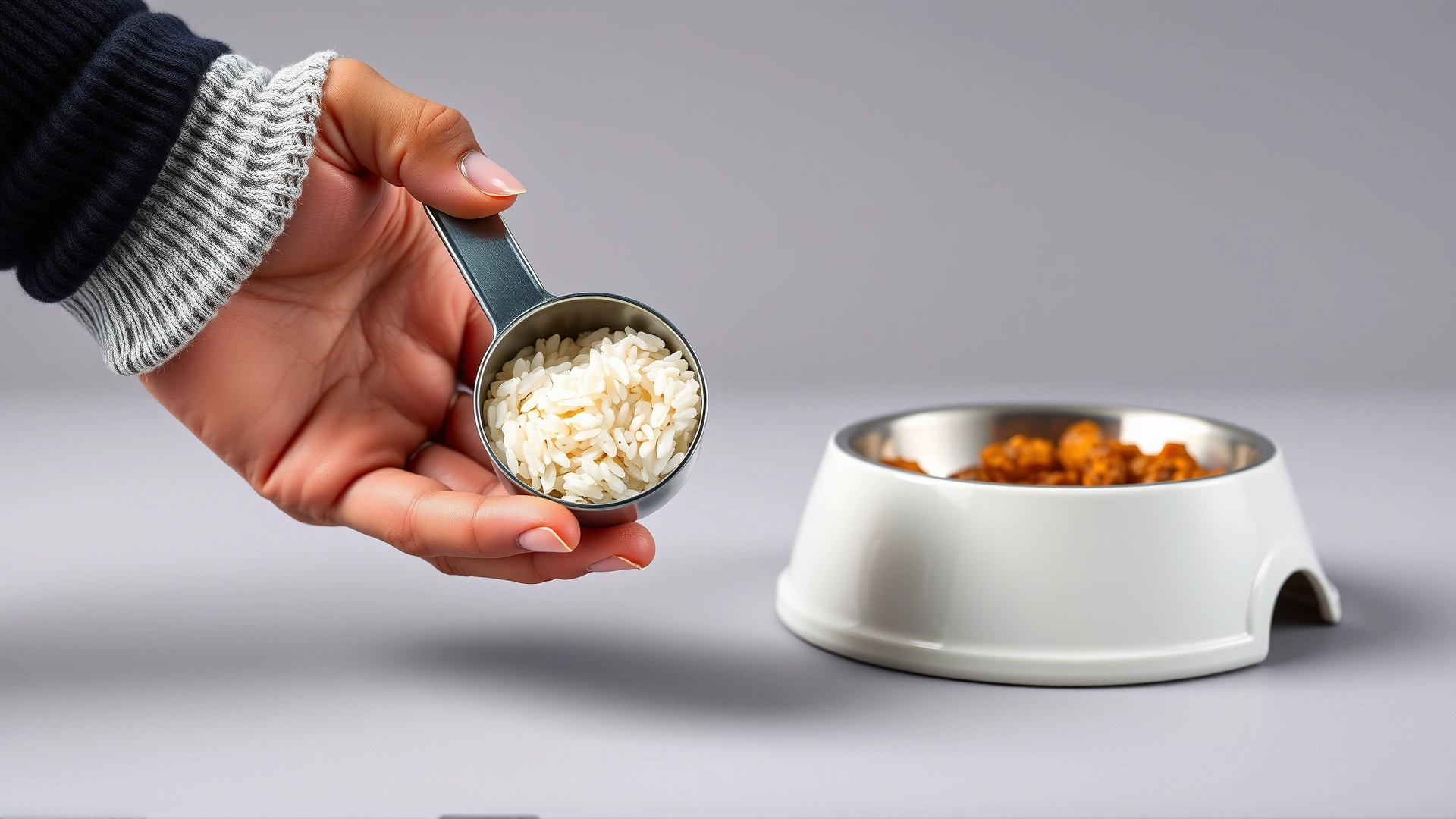 Hand holding a measuring cup of rice next to a dog food bowl for size comparison, neutral background, high detail.