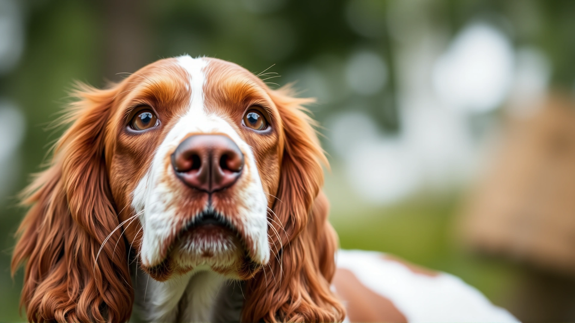 Close-up portrait of a Welsh Springer Spaniel with a blurred natural background, highlighting its expressive brown eyes and silky red-and-white ears.