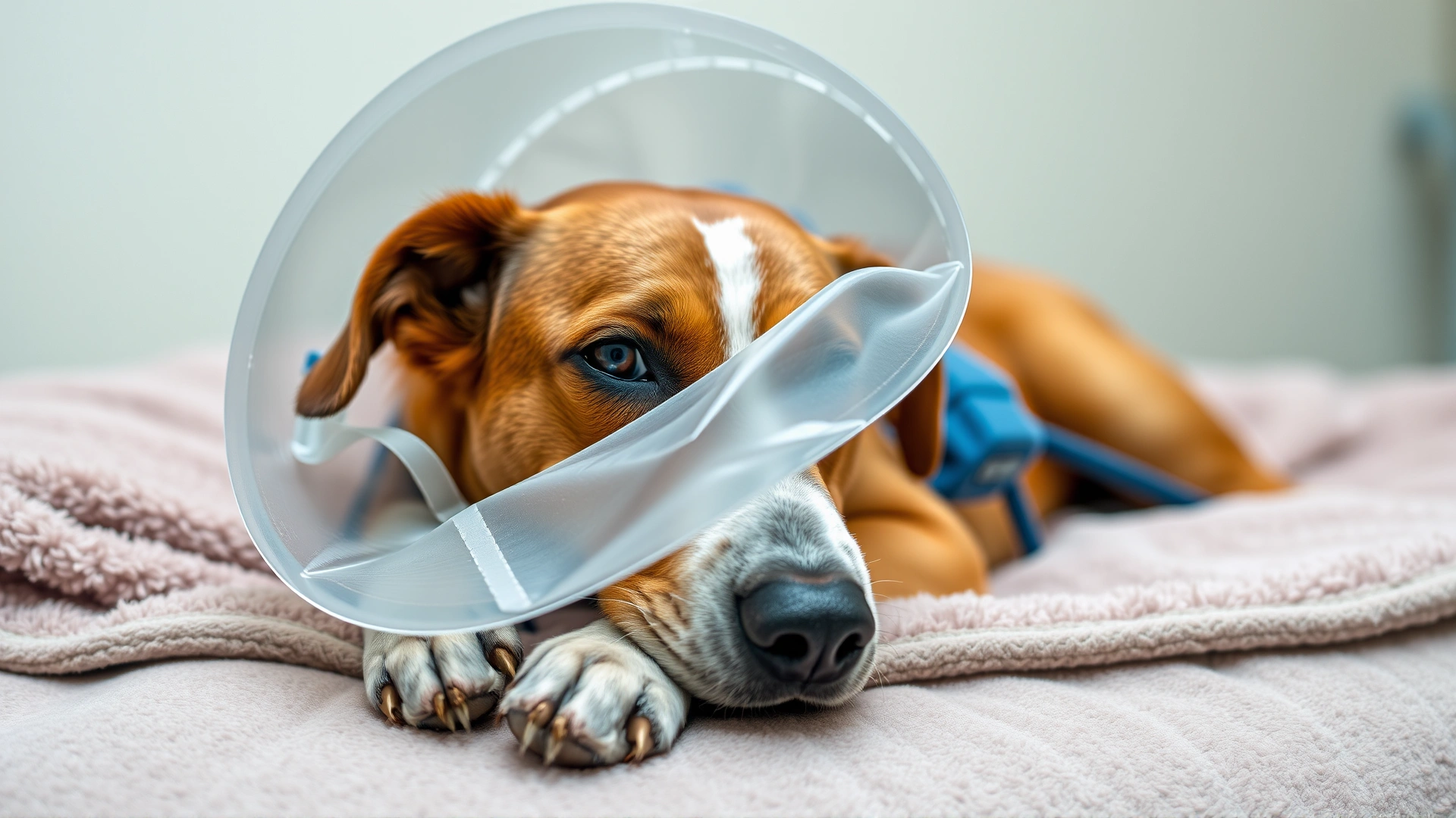 Medium-sized dog wearing a protective cone resting comfortably on a plush bed after orthopedic surgery, conveying postoperative care.