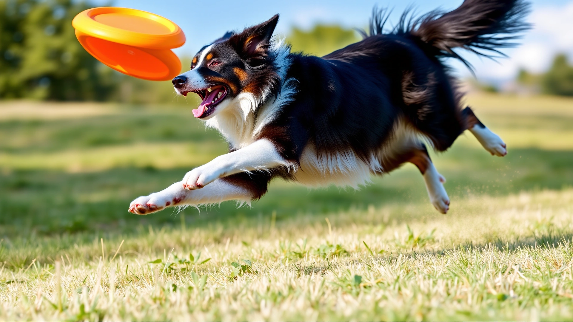Energetic Border Collie fetching a frisbee on soft grass, mid-jump with all four legs off the ground, bright sunny day.