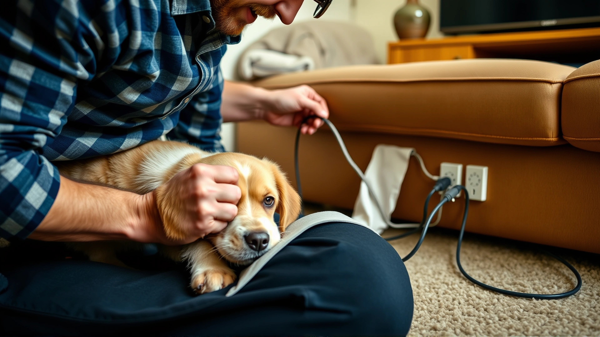 Pet owner tucking electrical cables behind furniture and placing protective covers to dog-proof the living room; candid action shot.