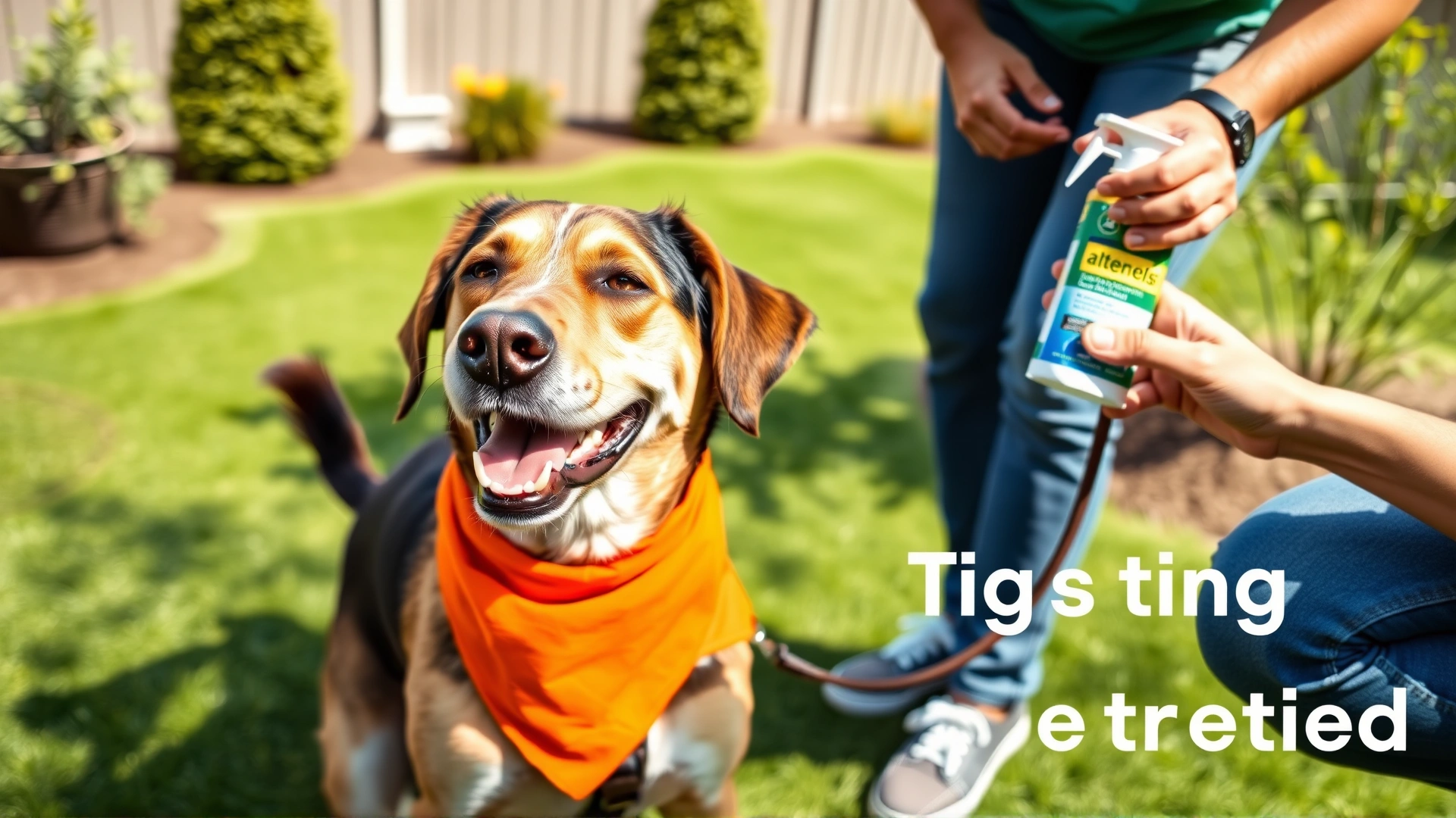 Happy dog wearing a bright bandana on a mowed backyard, owner applying topical tick prevention treatment, sunny day.