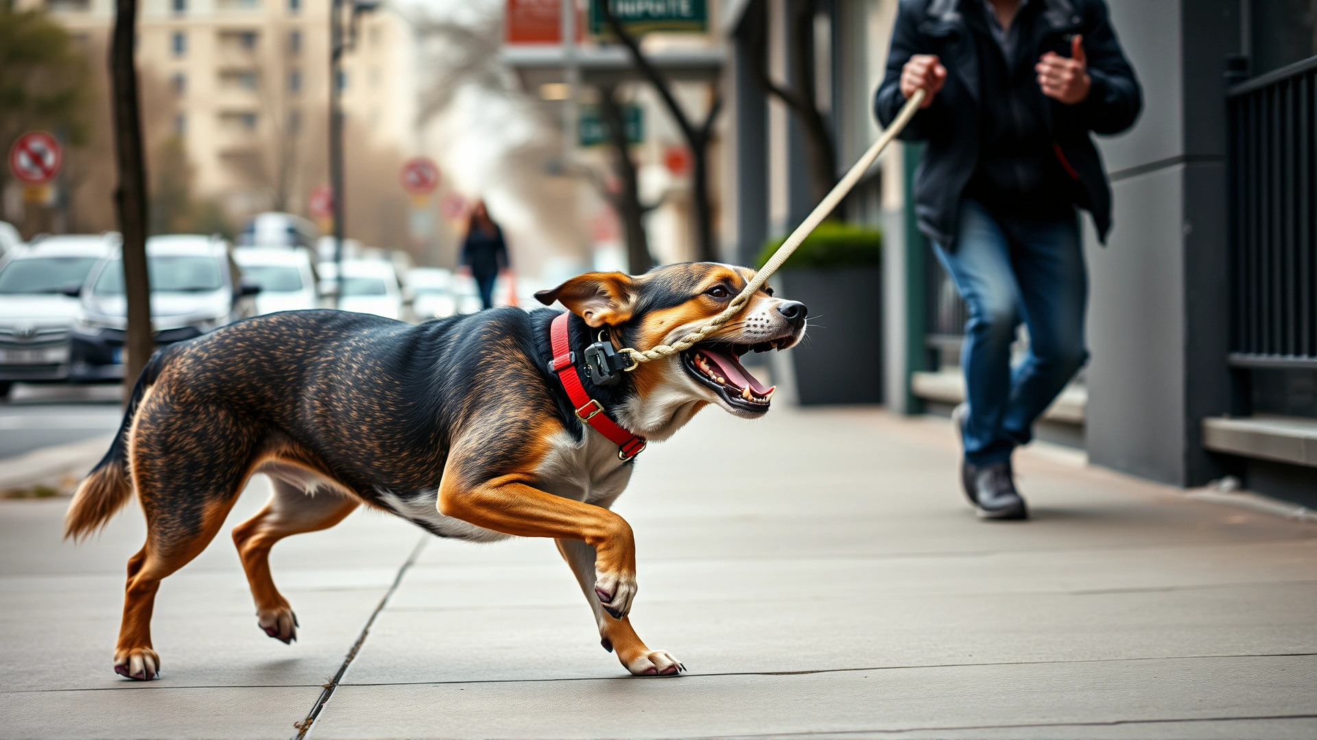 Energetic dog lunging forward and pulling hard on its leash, owner struggling behind, urban sidewalk